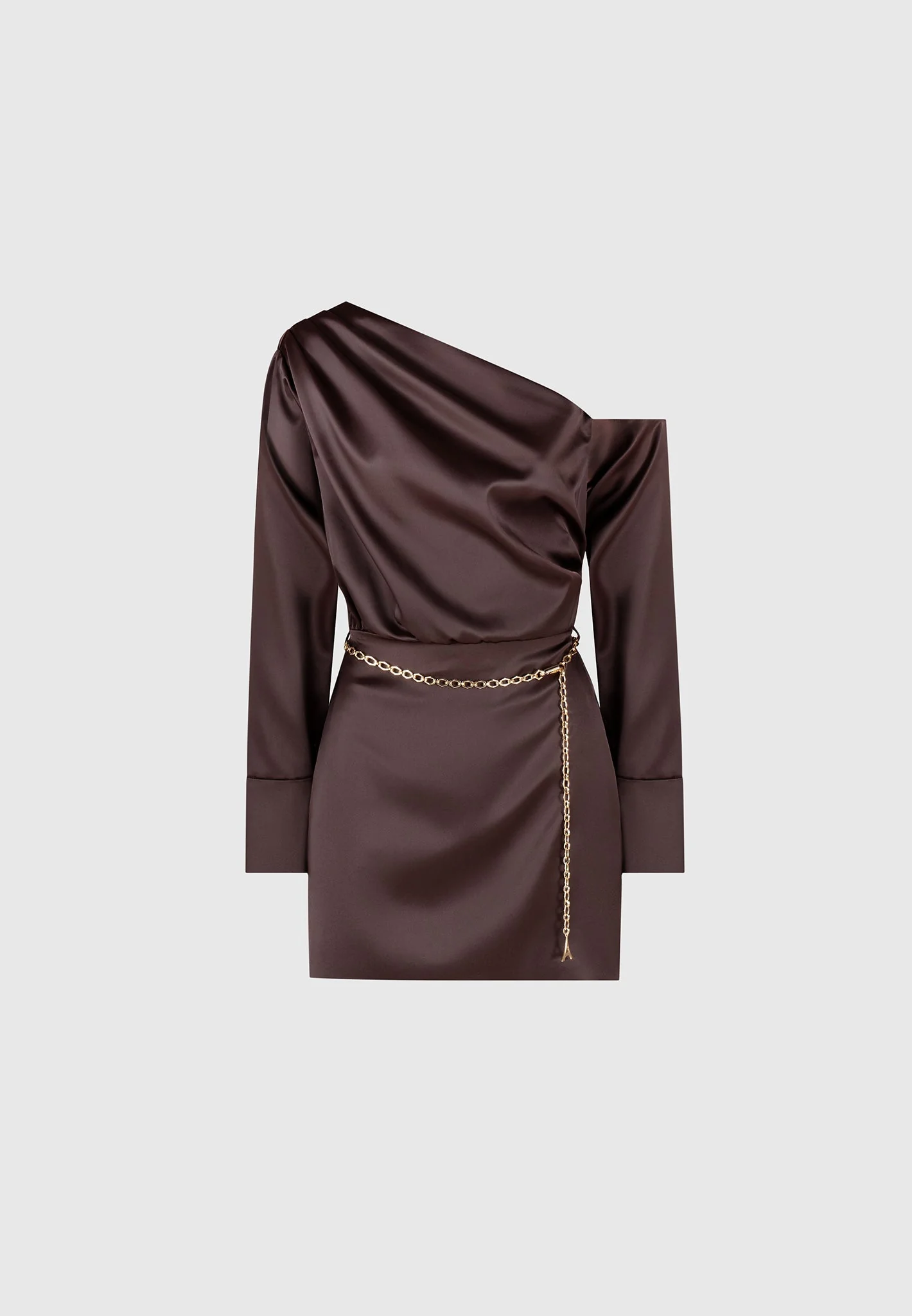 Off Shoulder Draped Satin Mini Dress with Belt - Brown - Image 6