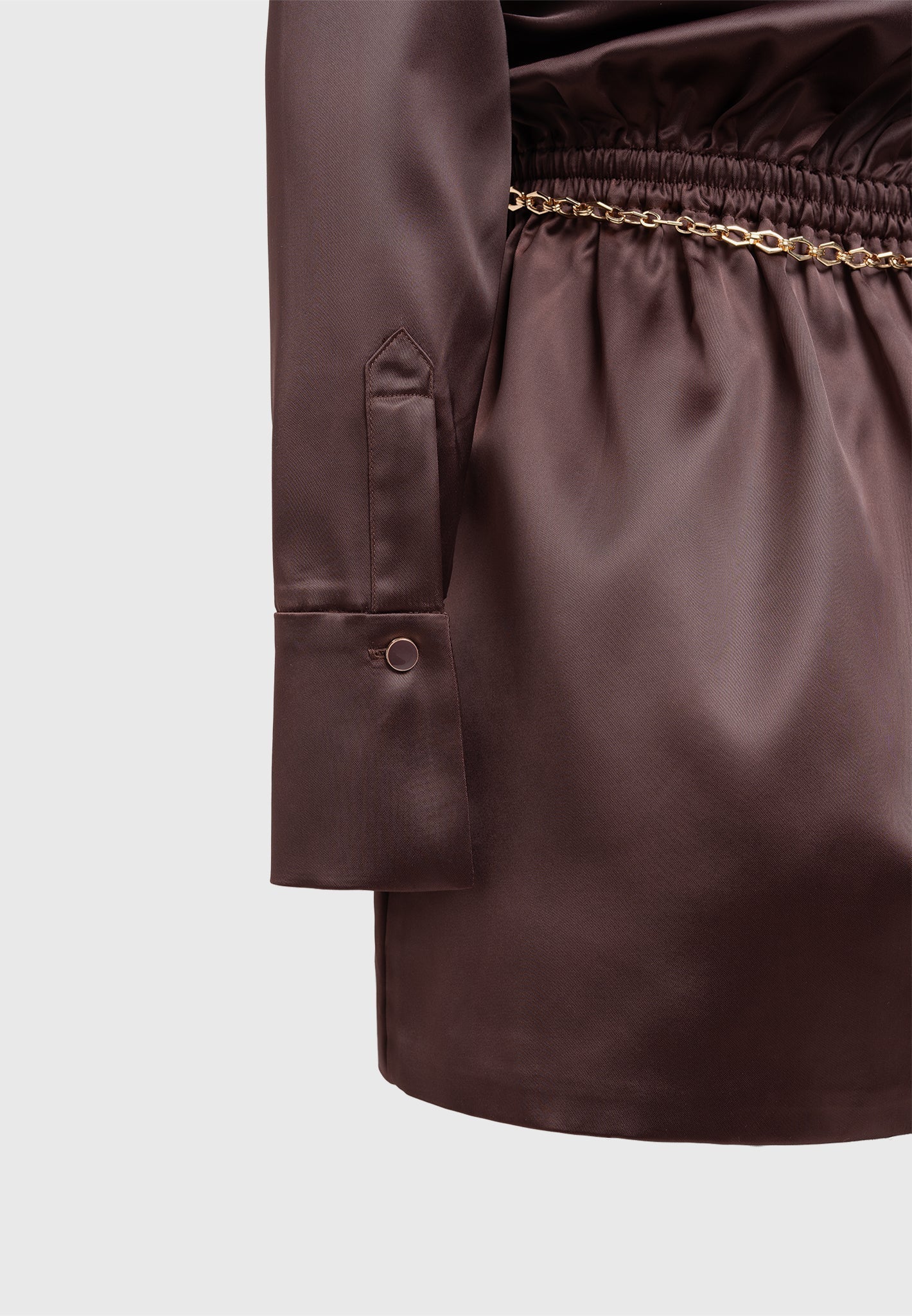 Off Shoulder Draped Satin Mini Dress with Belt - Brown - Image 8