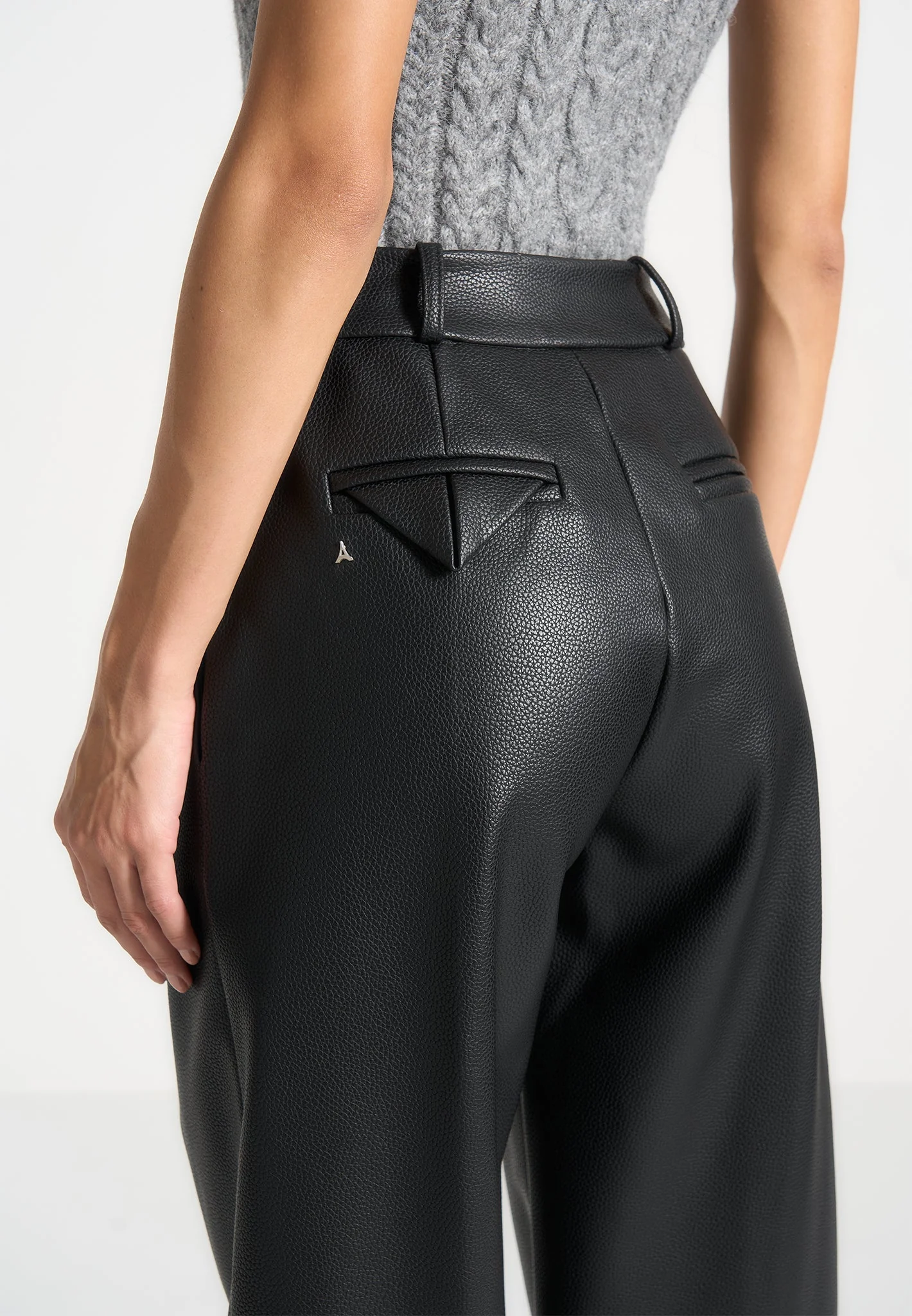 Olivia - Pebbled Leather Pleated Stacked Trousers - Black - Image 2