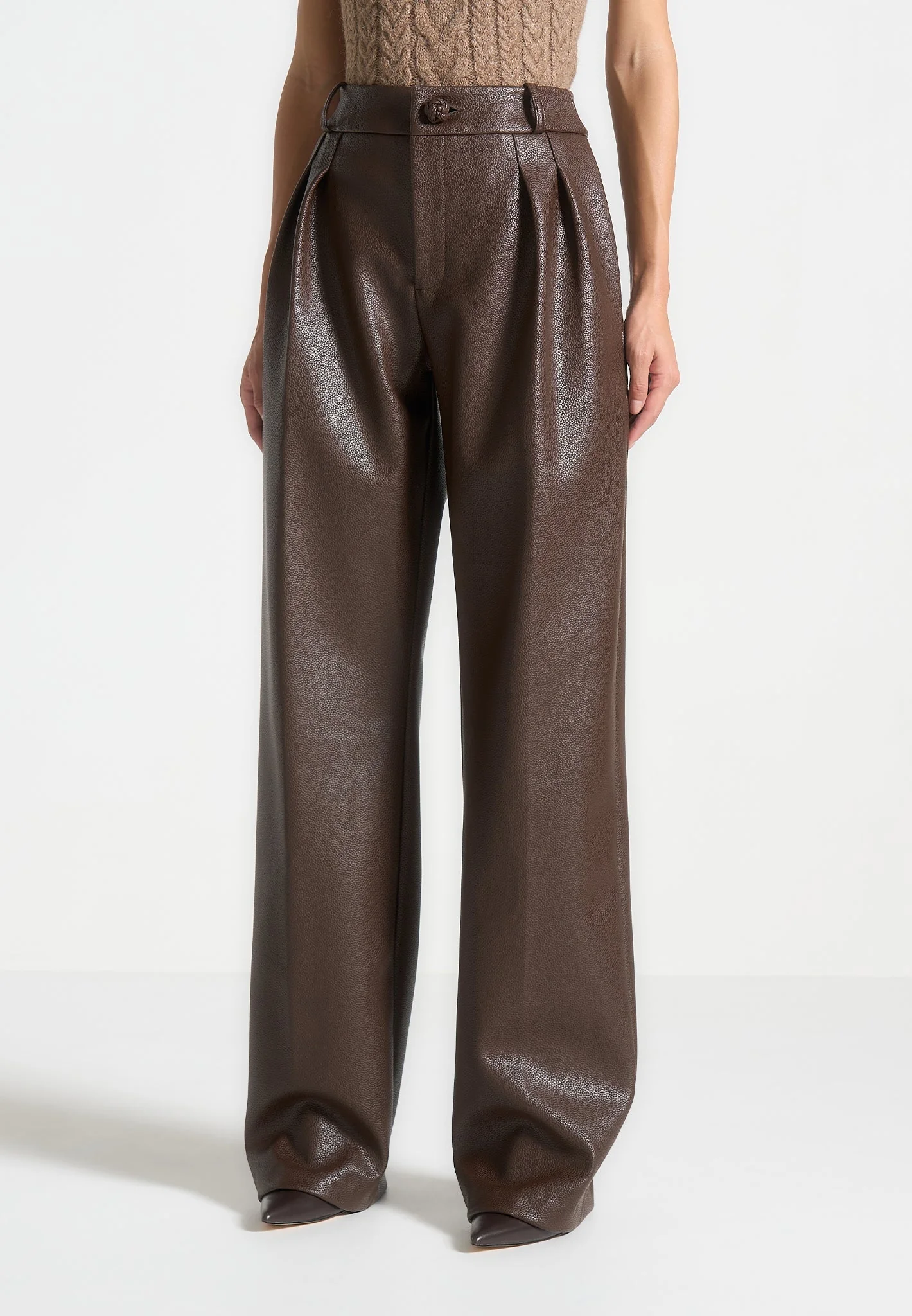 Olivia - Pebbled Leather Pleated Stacked Trousers - Brown - Image 5