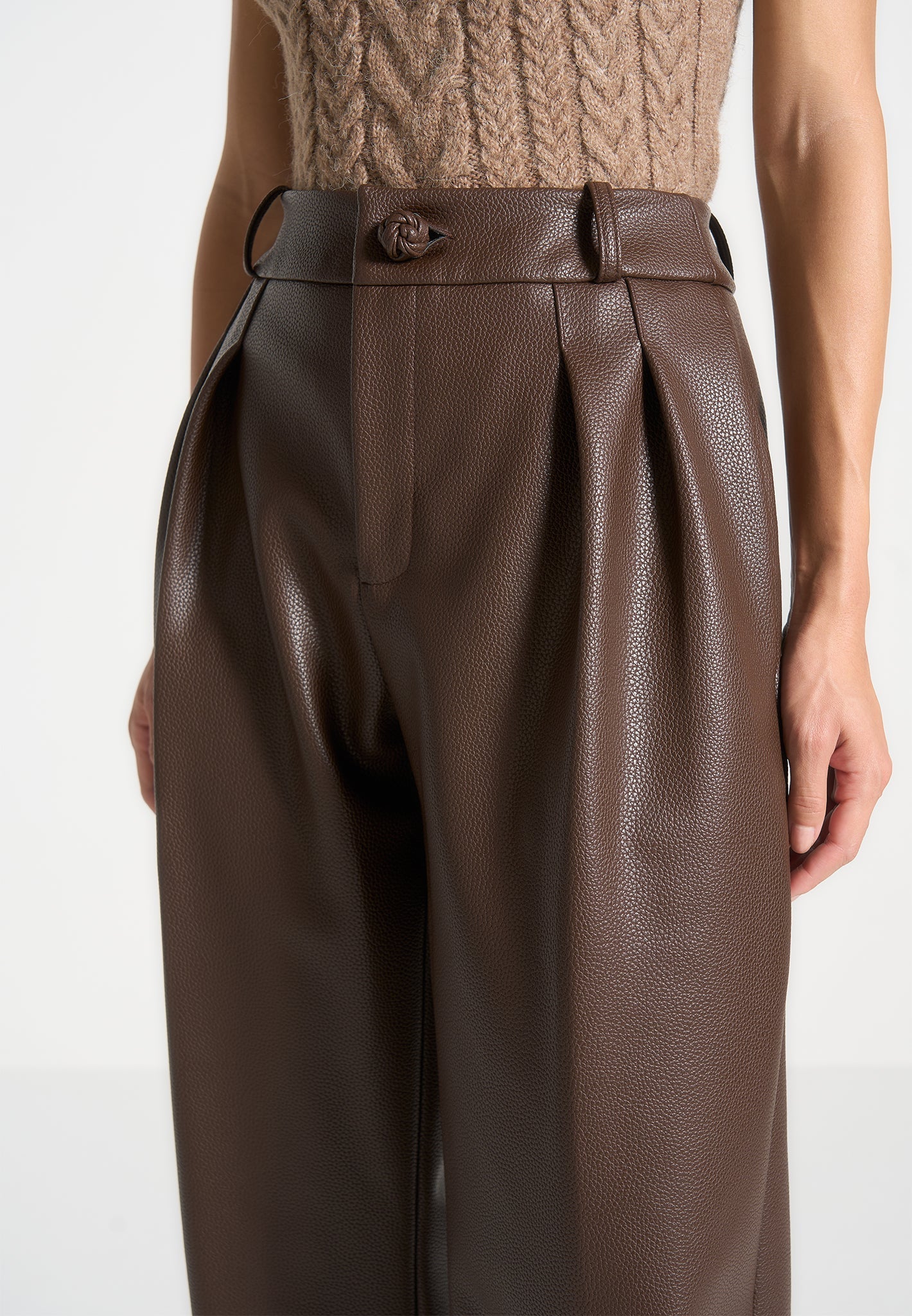 Olivia - Pebbled Leather Pleated Stacked Trousers - Brown - Image 6