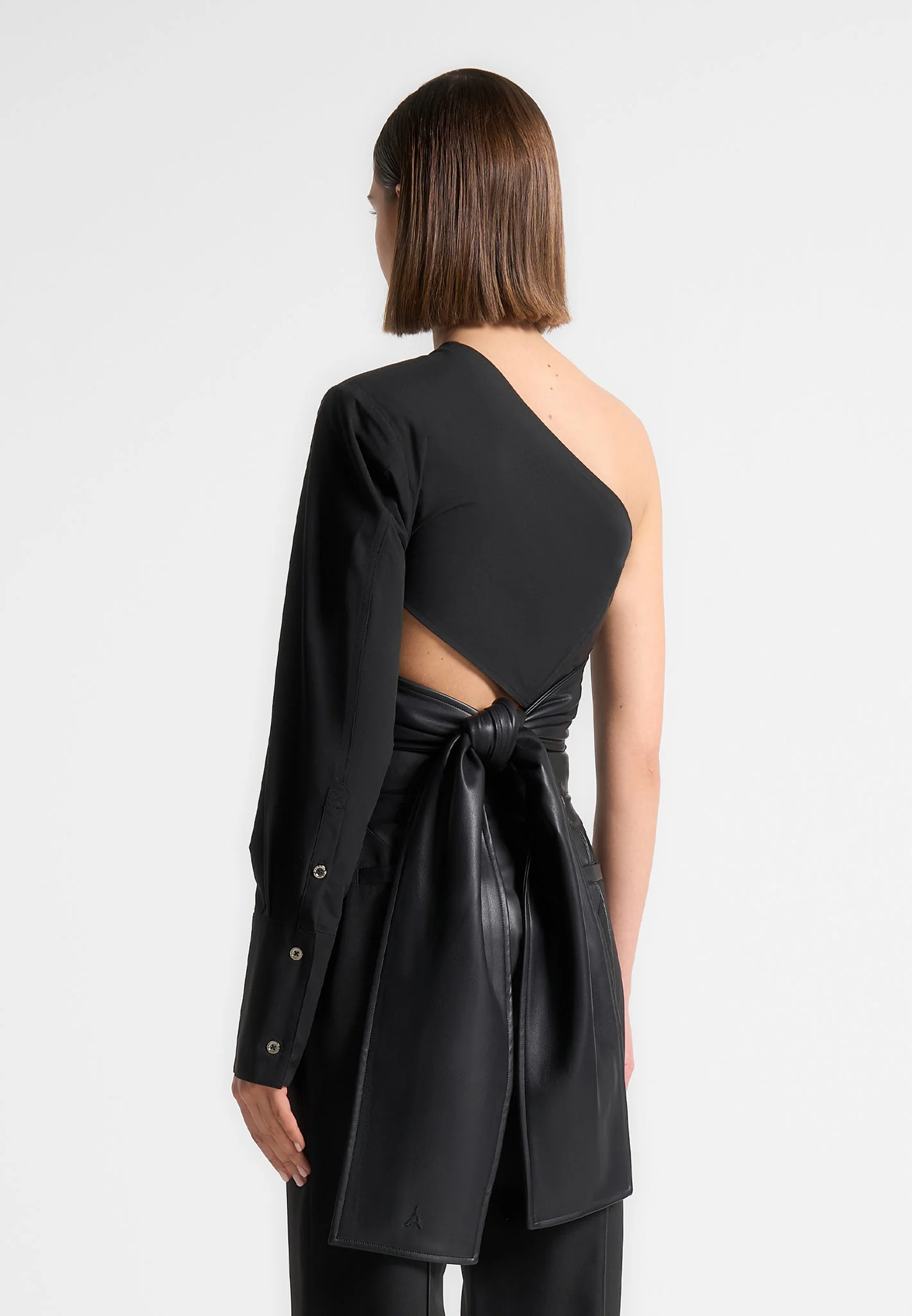 Coralie - One Sleeve Leather Wrap Top - Black - Image 4