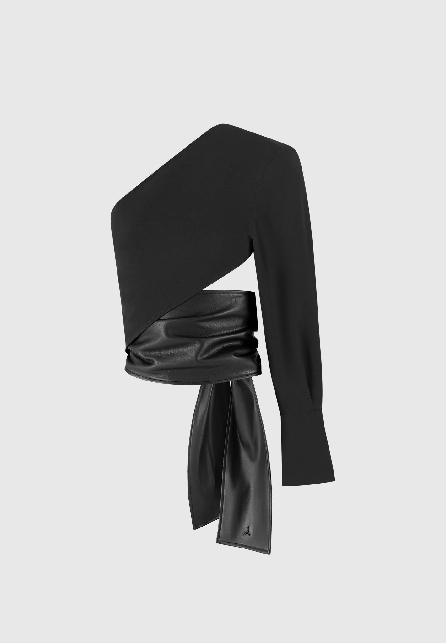 Coralie - One Sleeve Leather Wrap Top - Black - Image 5