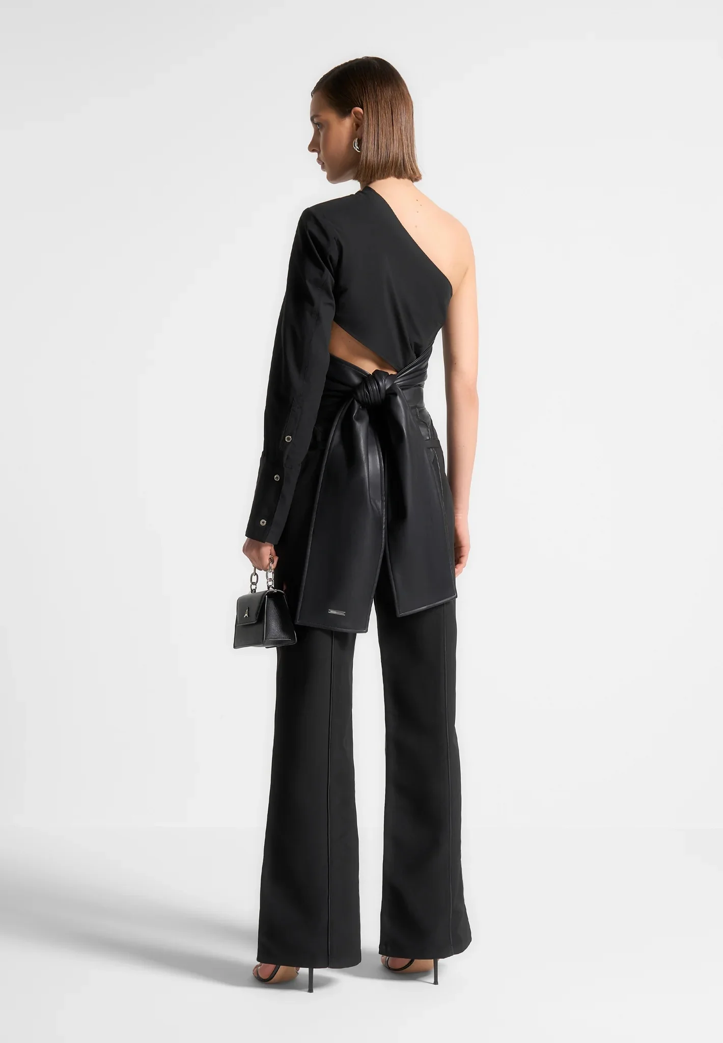 One Sleeve Leather Wrap Top - Black - Image 2