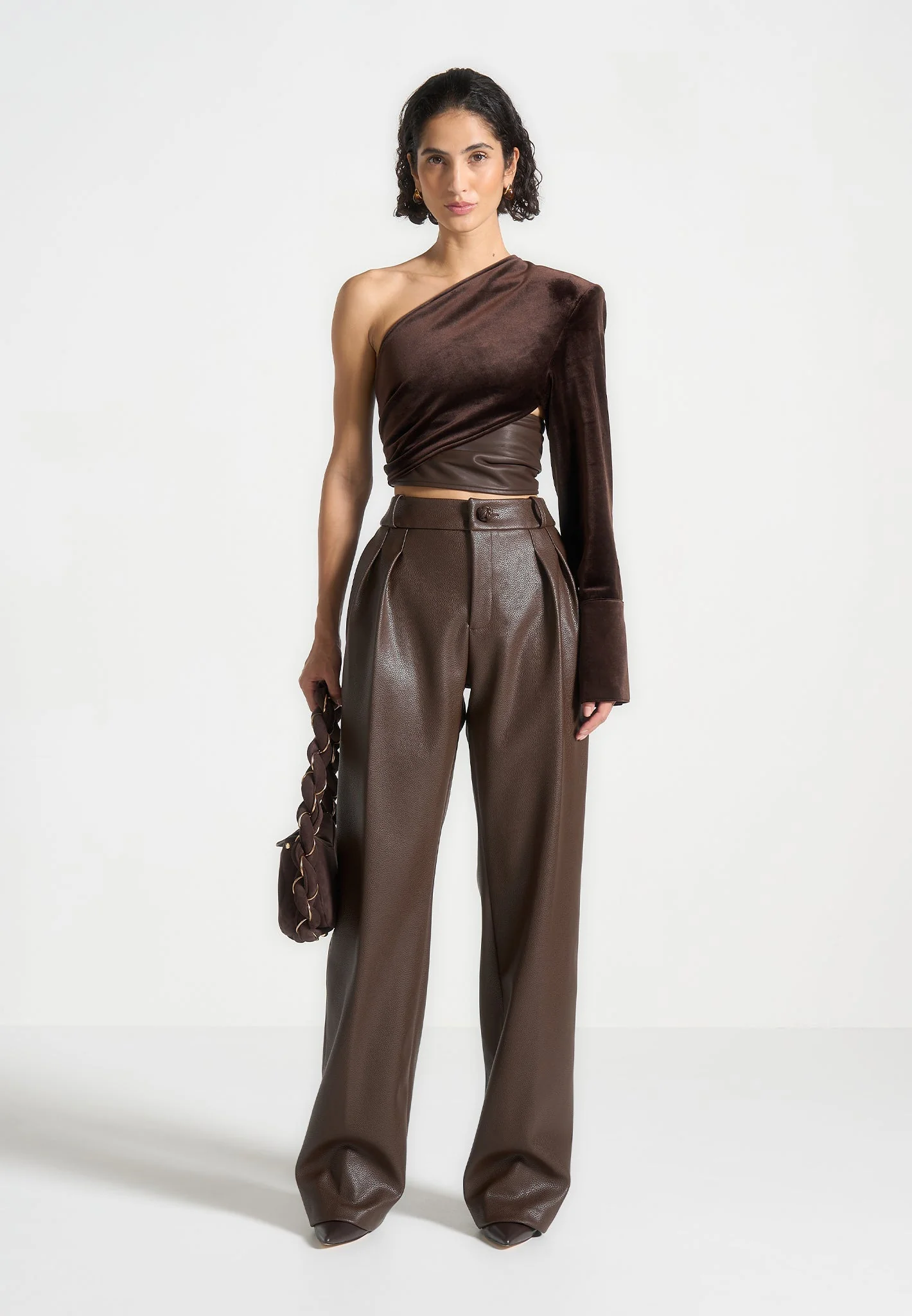Coralie - One Sleeve Velour Wrap Top - Brown - Image 2
