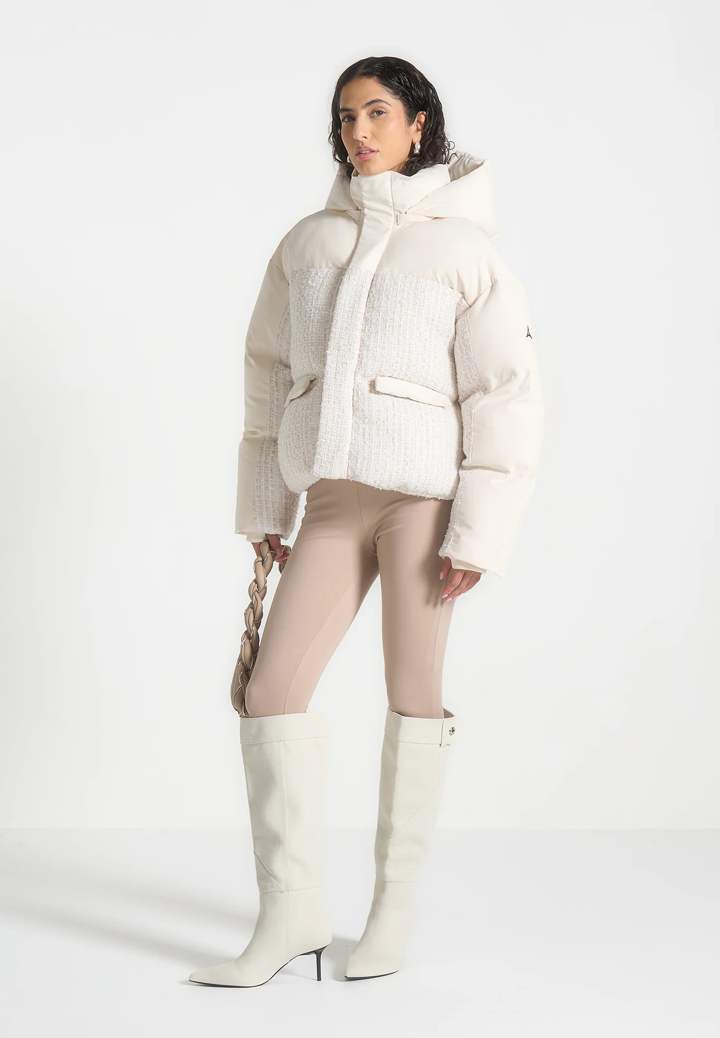 Oversized Tweed Puffer Jacket - Cream - Image 2