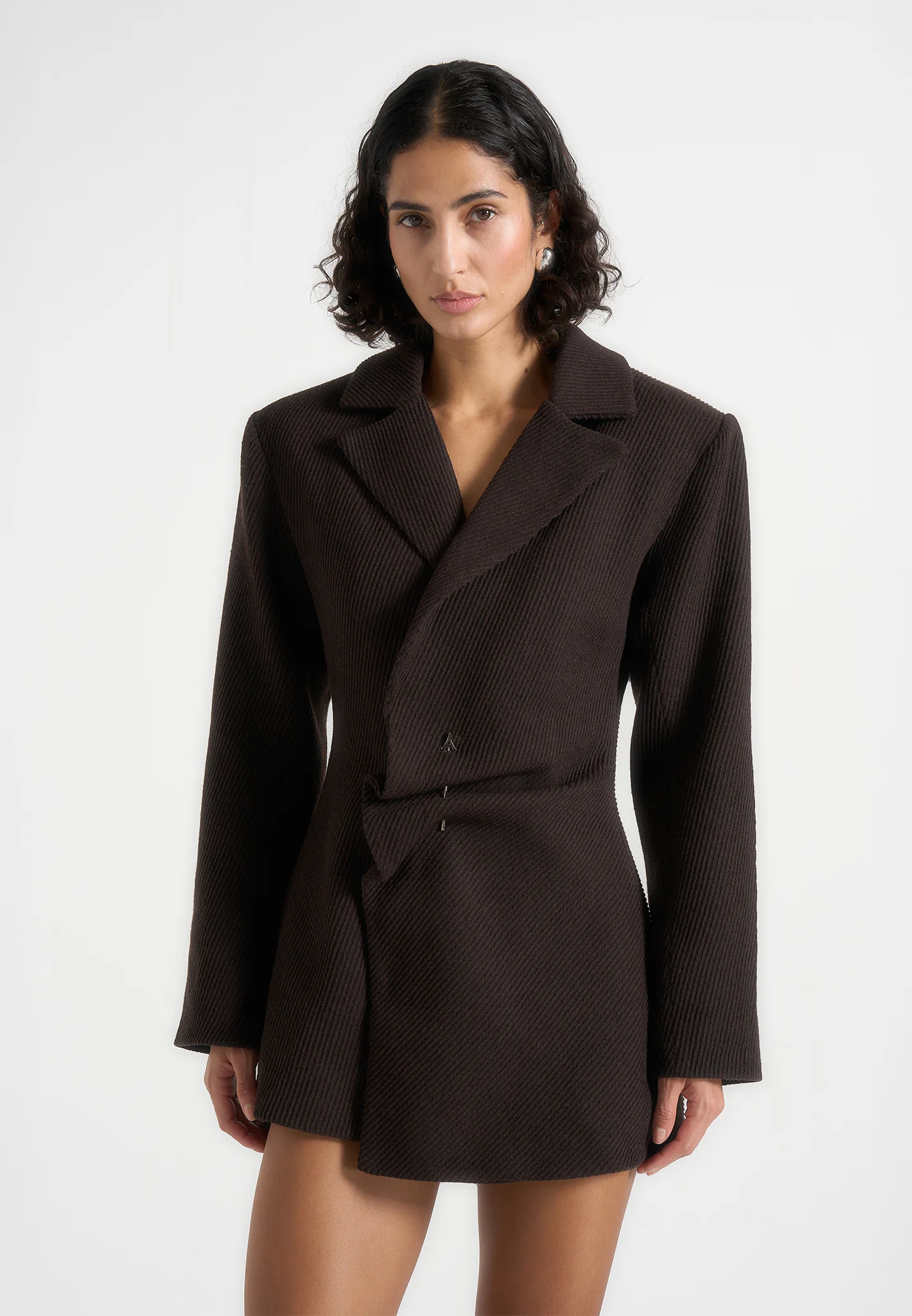 Sylvie - Oversized Wool Asymmetric Blazer Dress - Brown - Image 3