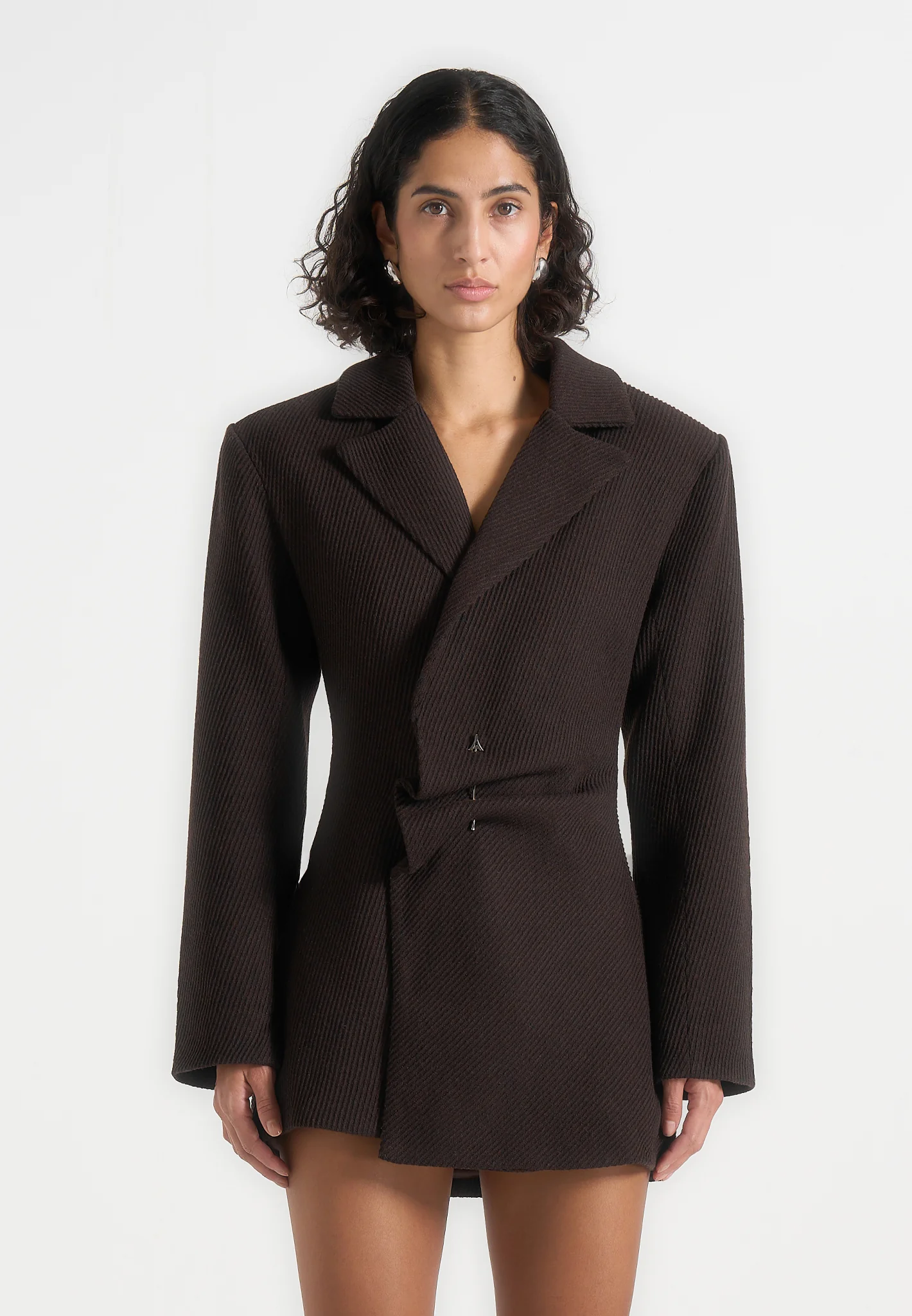 Sylvie - Oversized Wool Asymmetric Blazer Dress - Brown - Image 5