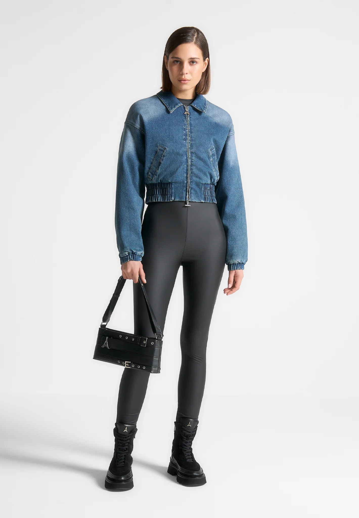 Padded Cropped Denim Bomber Jacket - Mid Blue - Image 2