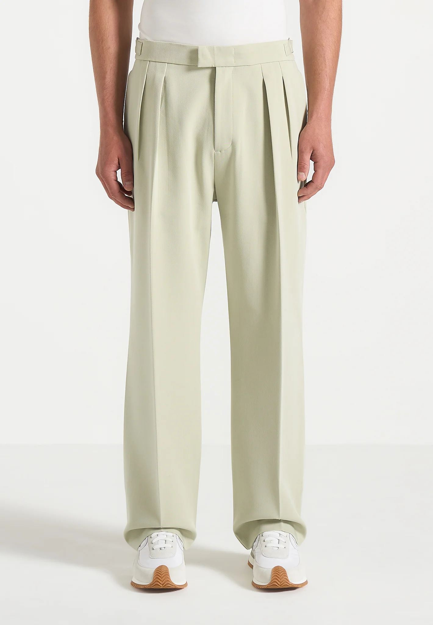 Pierre - Relaxed Fit Hatched Pleated Tailored Trousers - Sage - Image 3