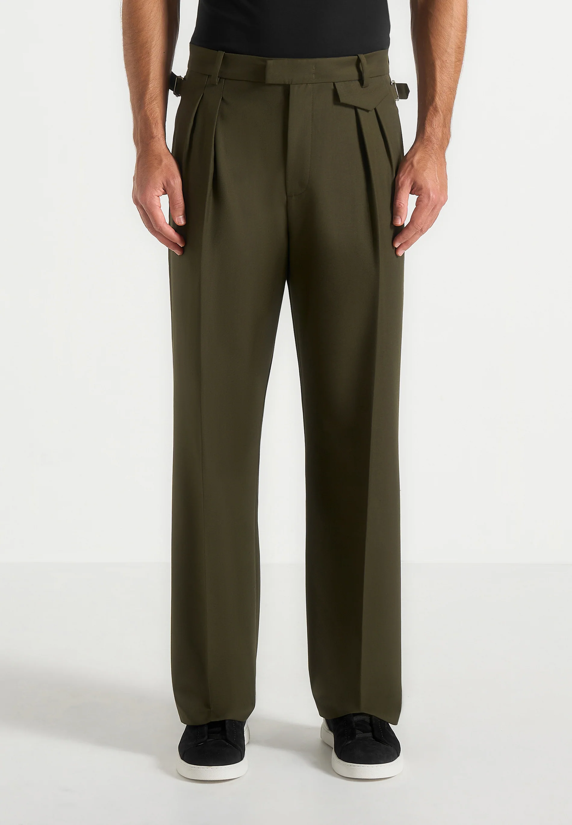 Pierre - Relaxed Fit Pleated Tailored Trousers - Olive - Image 3
