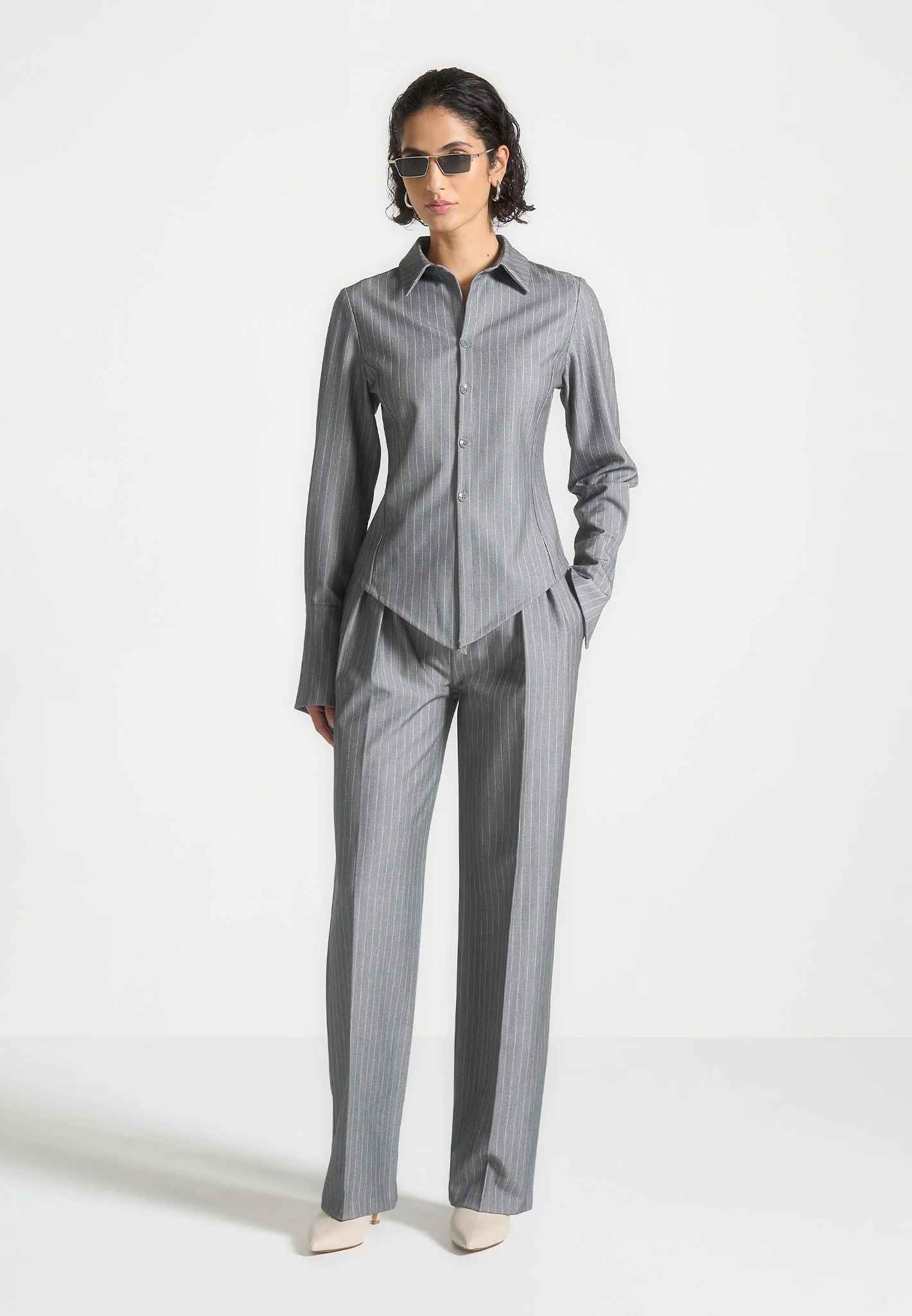 Sonia - Pinstripe Angled Shirt - Grey - Image 2