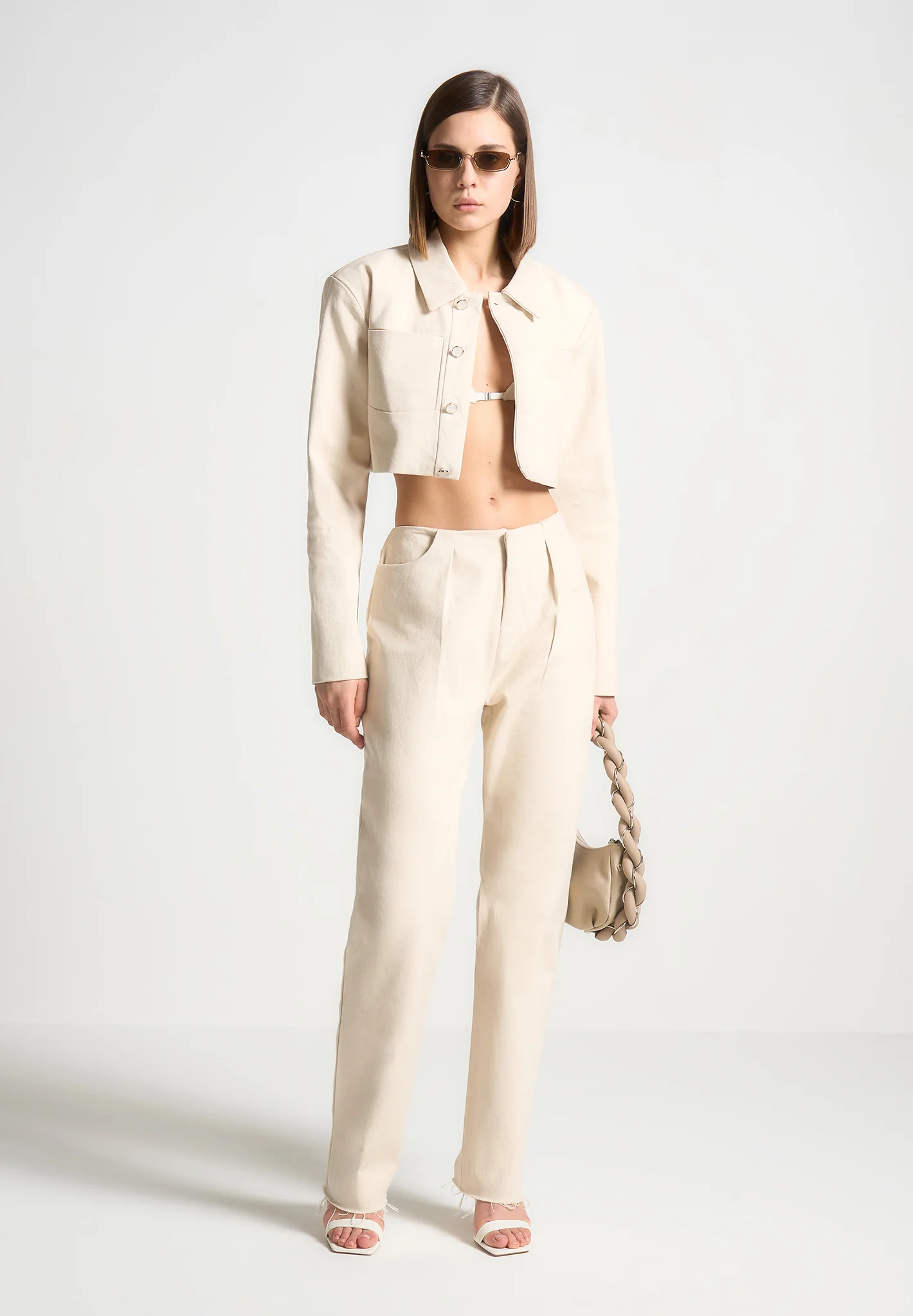 Pleated Mid Rise Straight Leg Jeans - Cream