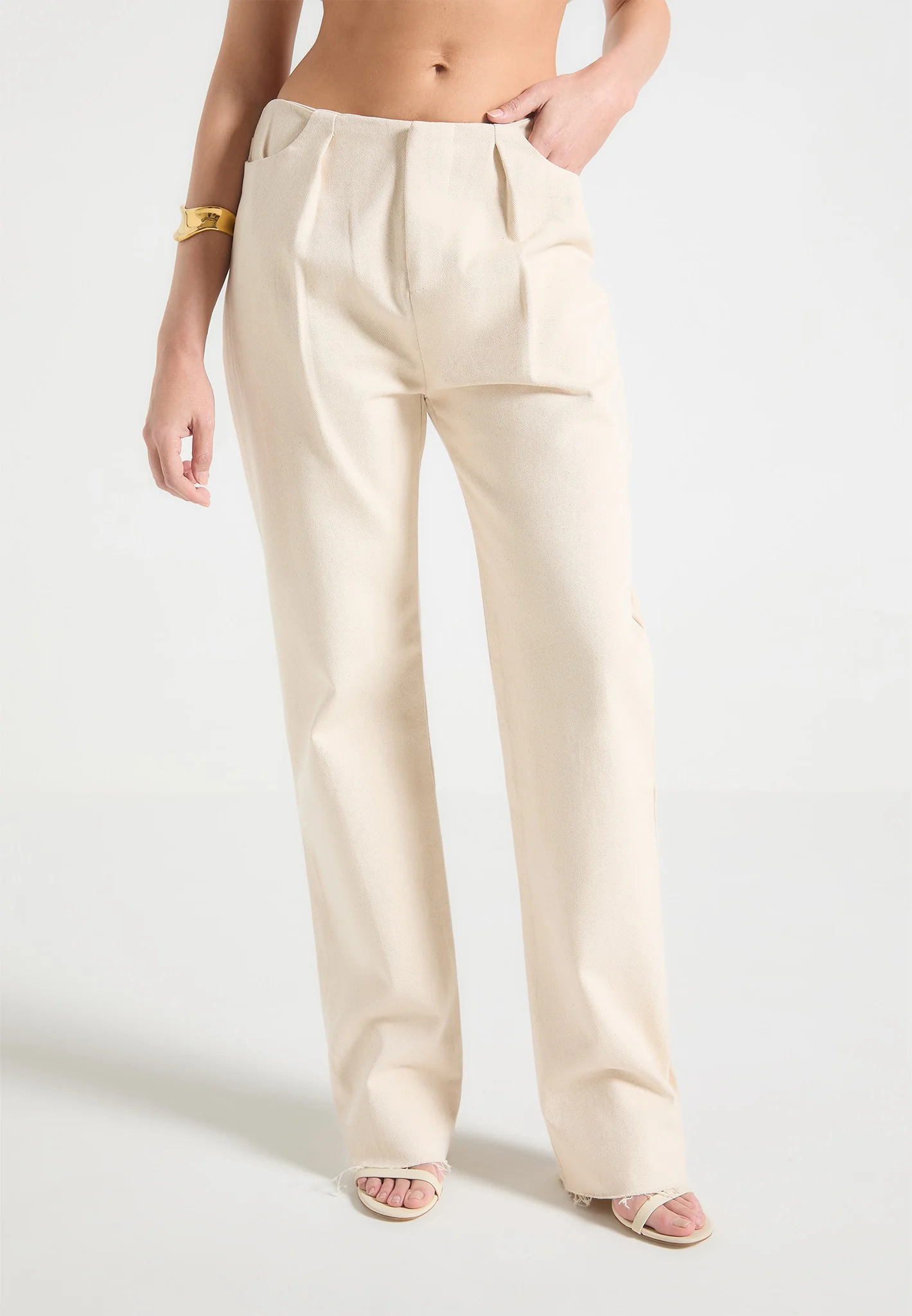 Pleated Mid Rise Straight Leg Jeans - Cream - Image 2