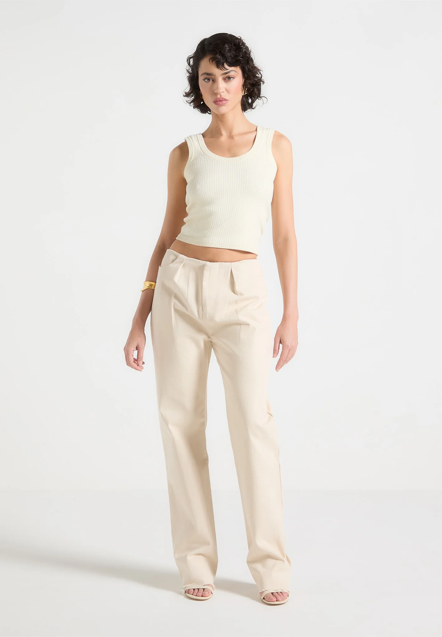 Pleated Mid Rise Straight Leg Jeans - Cream - Image 3
