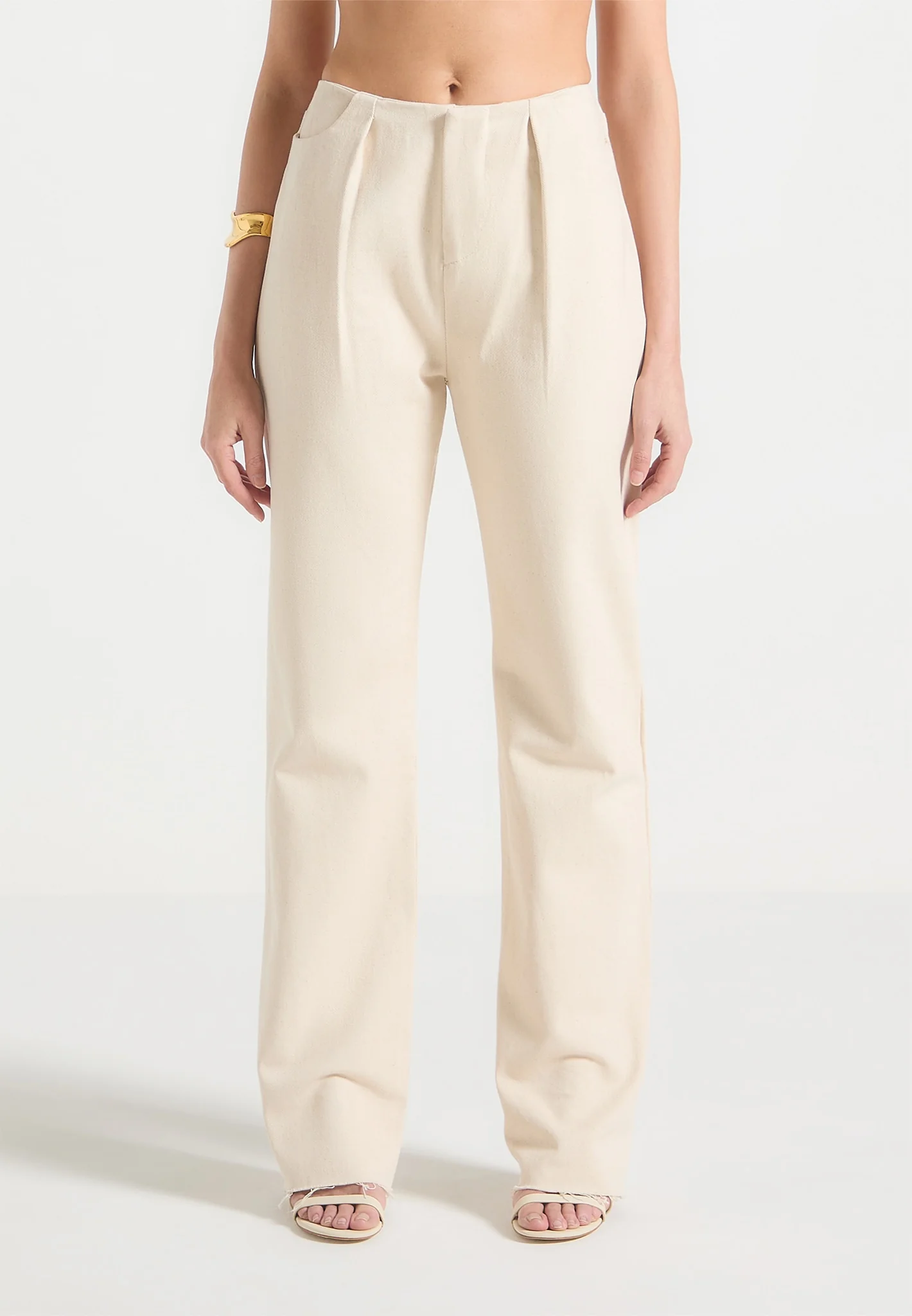 Pleated Mid Rise Straight Leg Jeans - Cream - Image 4