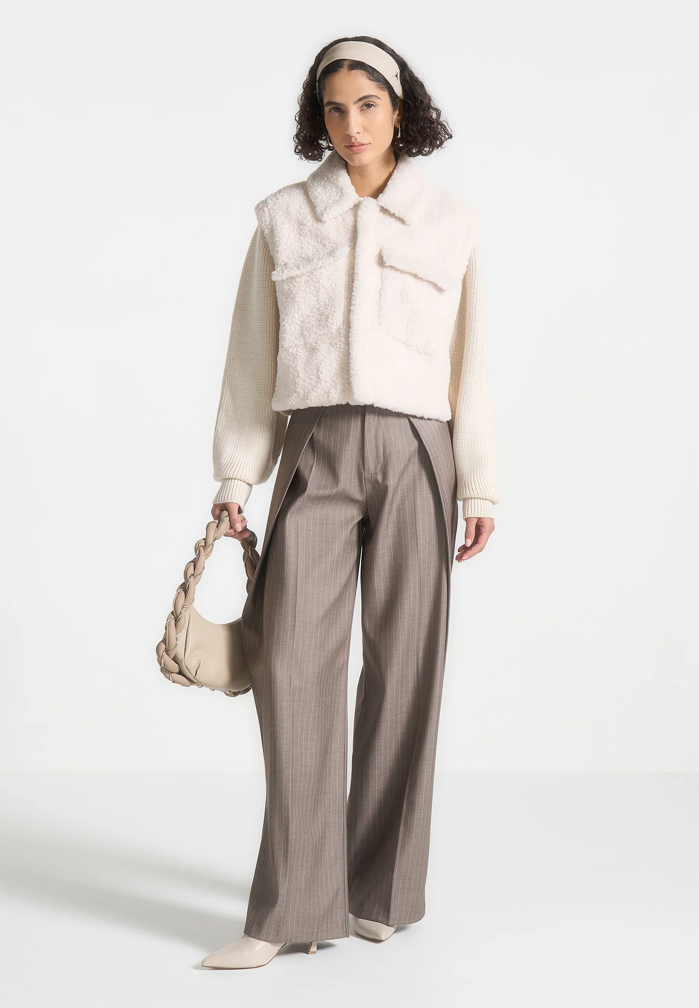 Plush Jacket With Knitted Sleeves - Cream - Image 2