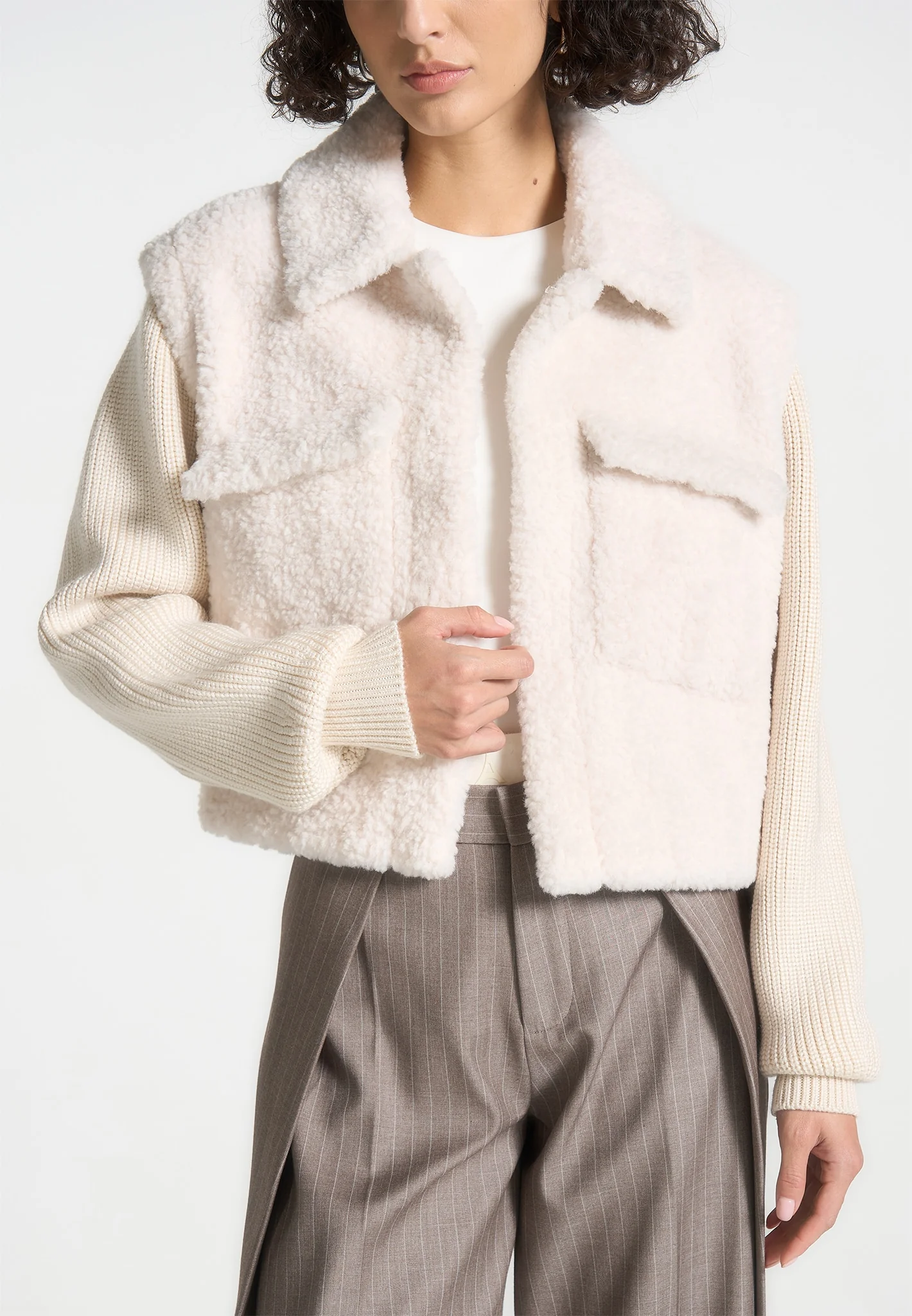 Plush Jacket With Knitted Sleeves - Cream - Image 4