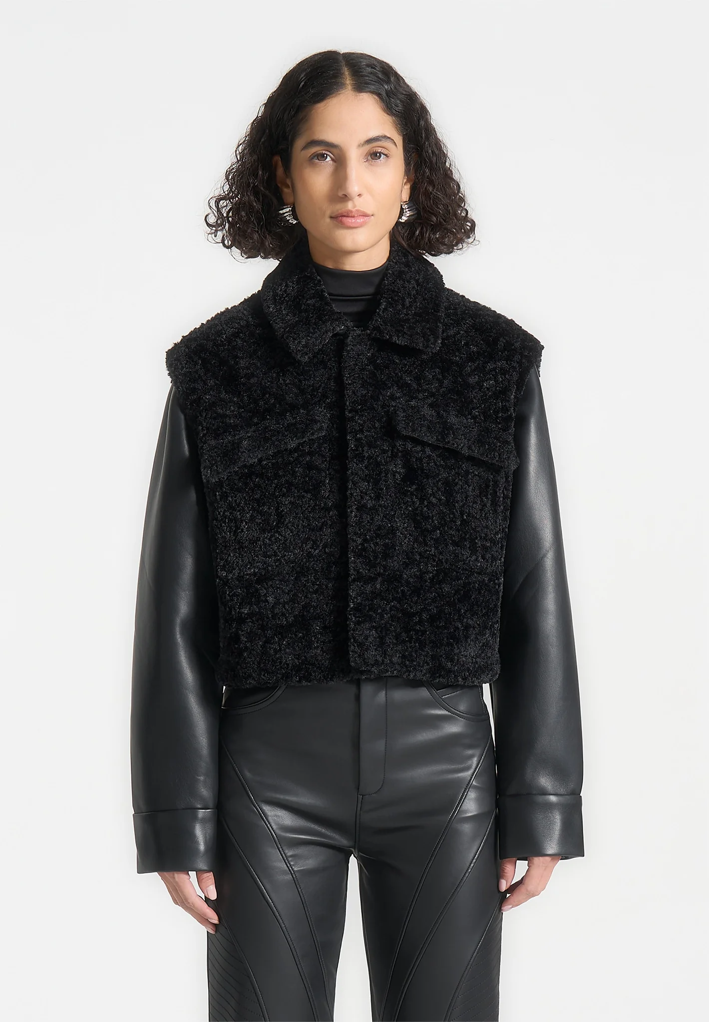 Plush Jacket With Leather Sleeves - Black - Image 3
