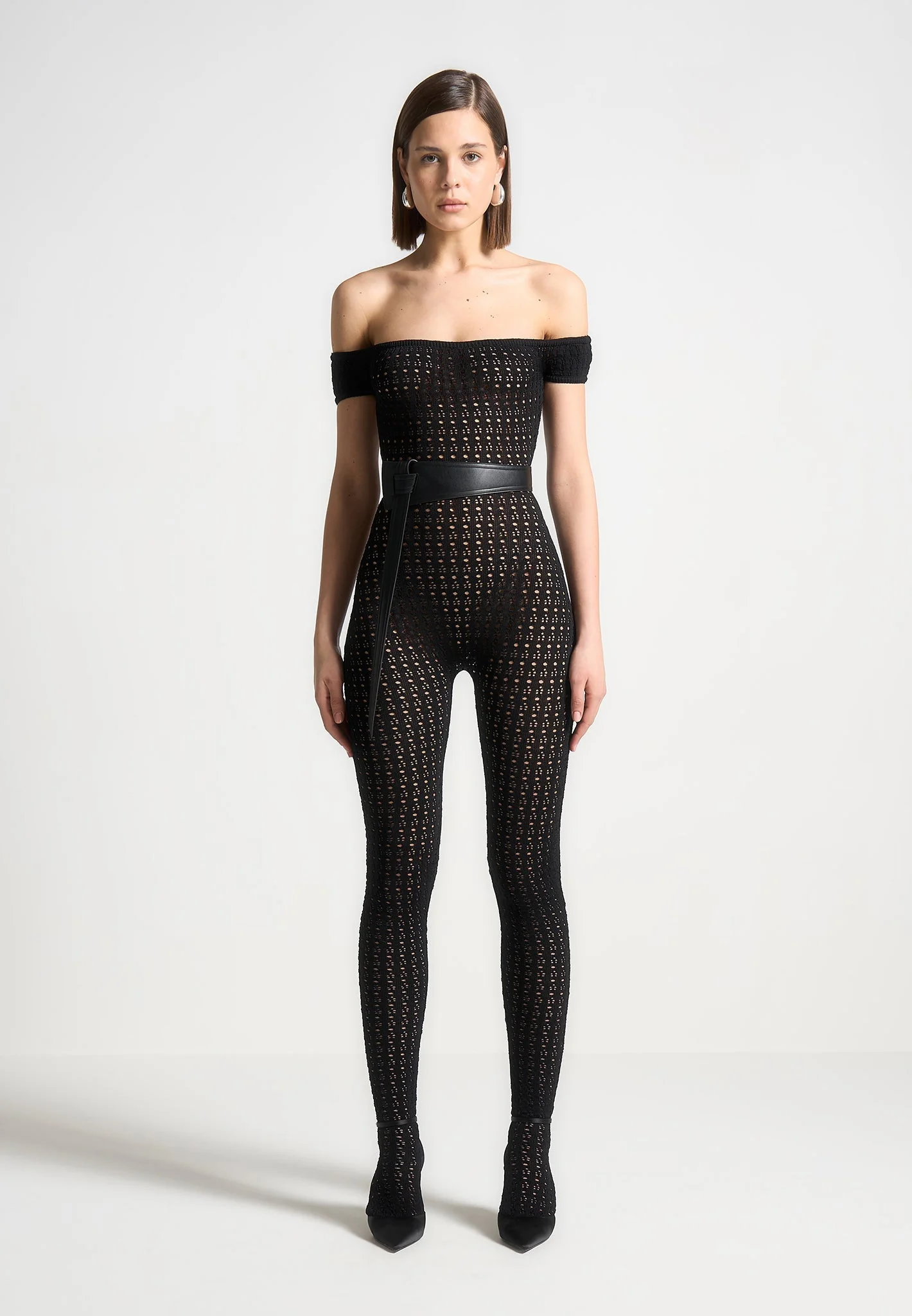 Martine - Pointelle Knit Bardot Jumpsuit with Belt - Black - Image 3