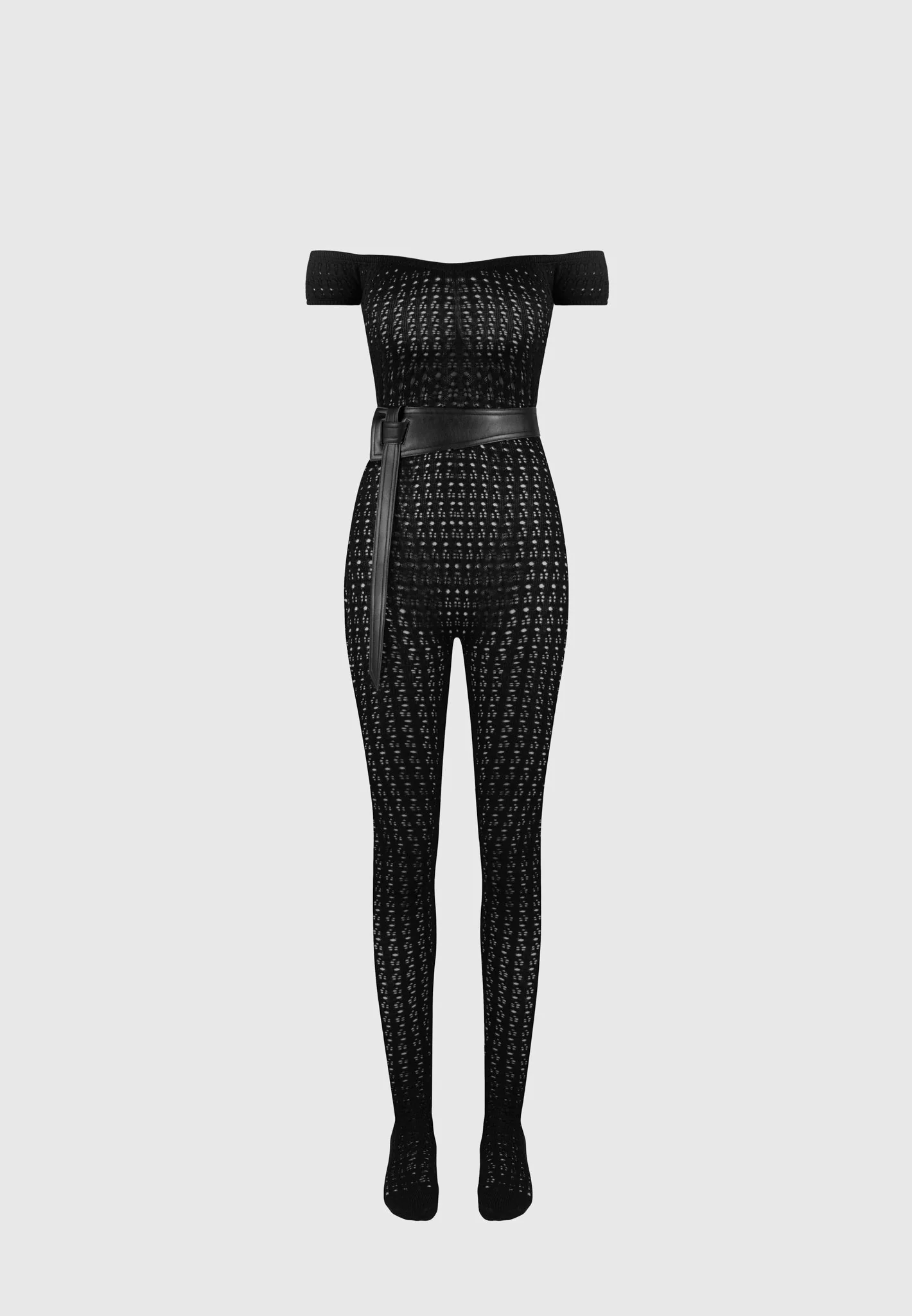 Martine - Pointelle Knit Bardot Jumpsuit with Belt - Black - Image 5