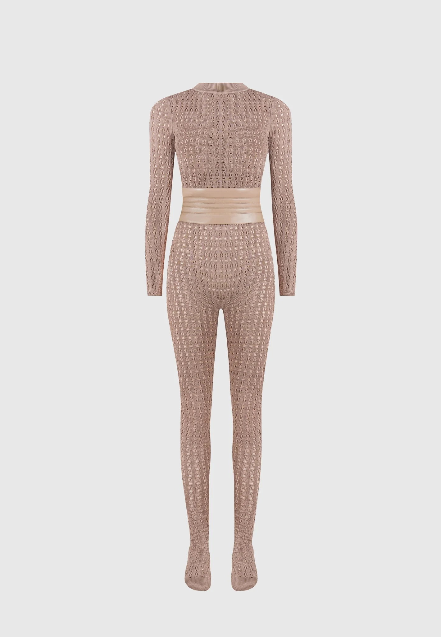 Chantal - Pointelle Knit Long Sleeve Jumpsuit with Belt - Taupe - Image 6