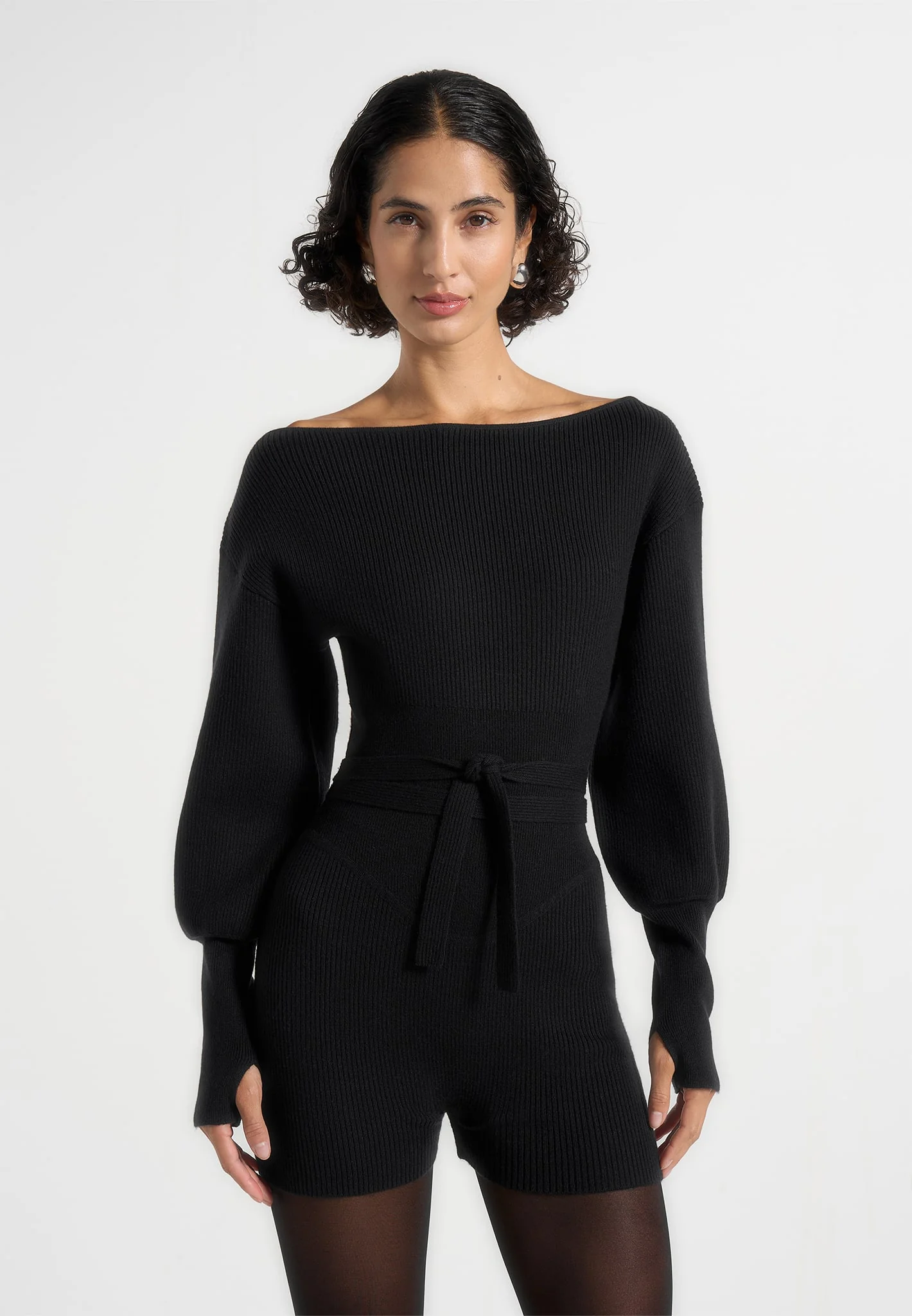 Raya - Off Shoulder Knitted Playsuit With Belt - Black - Image 2