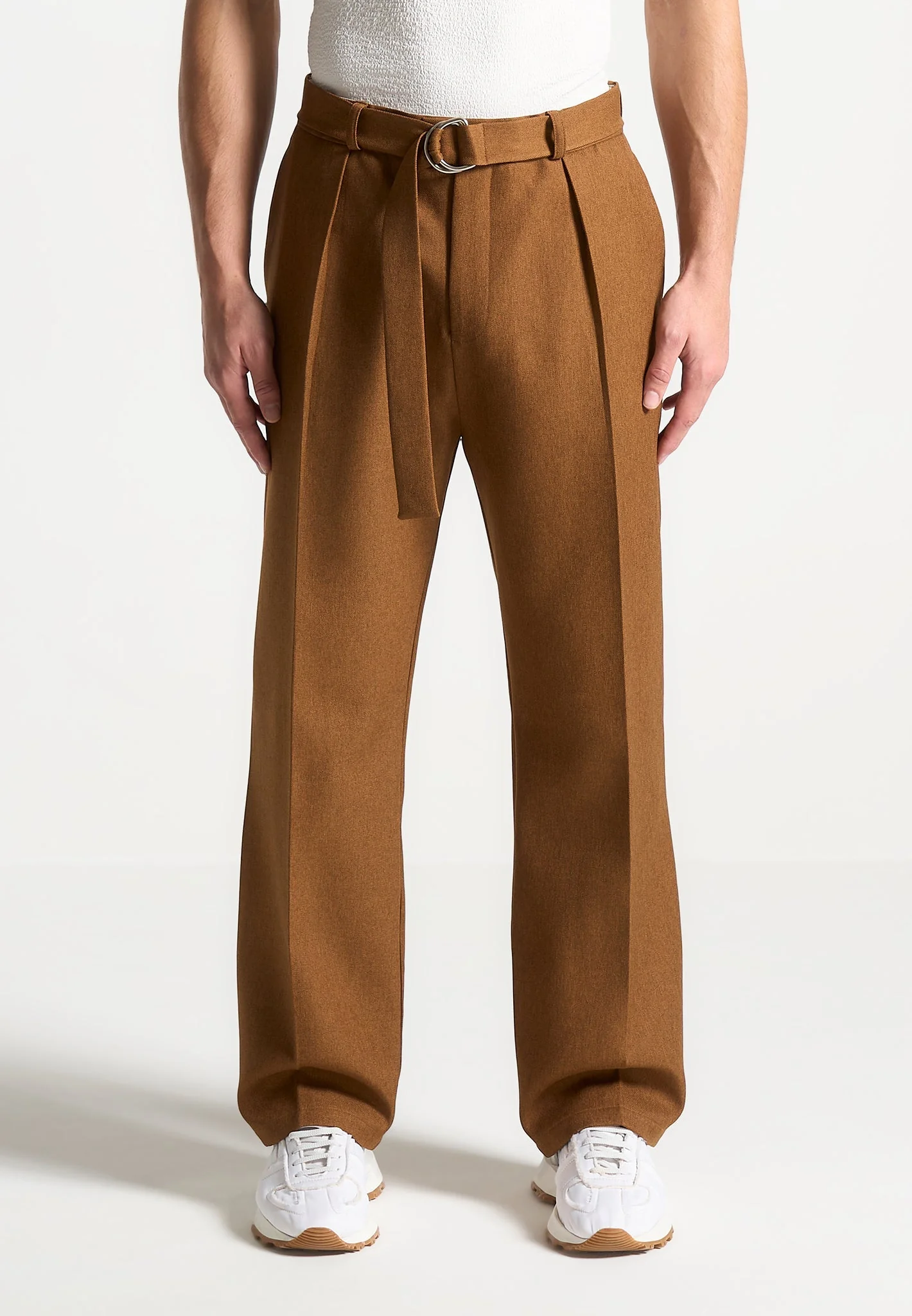 Relaxed Fit Textured Belted Tailored Trousers - Fawn - Image 3