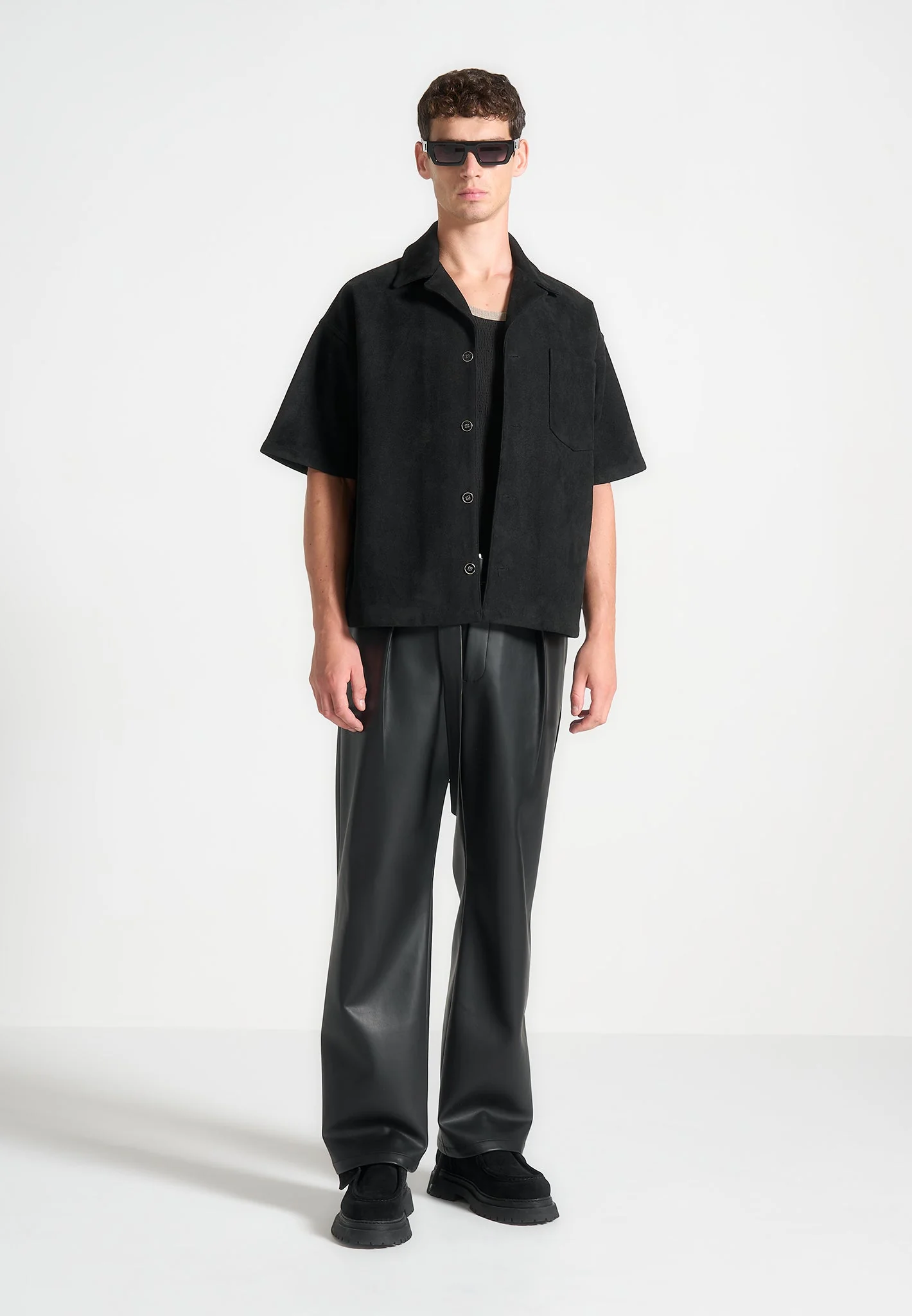 Serge - Relaxed Fit Leather Pleated Trousers - Black - Image 2