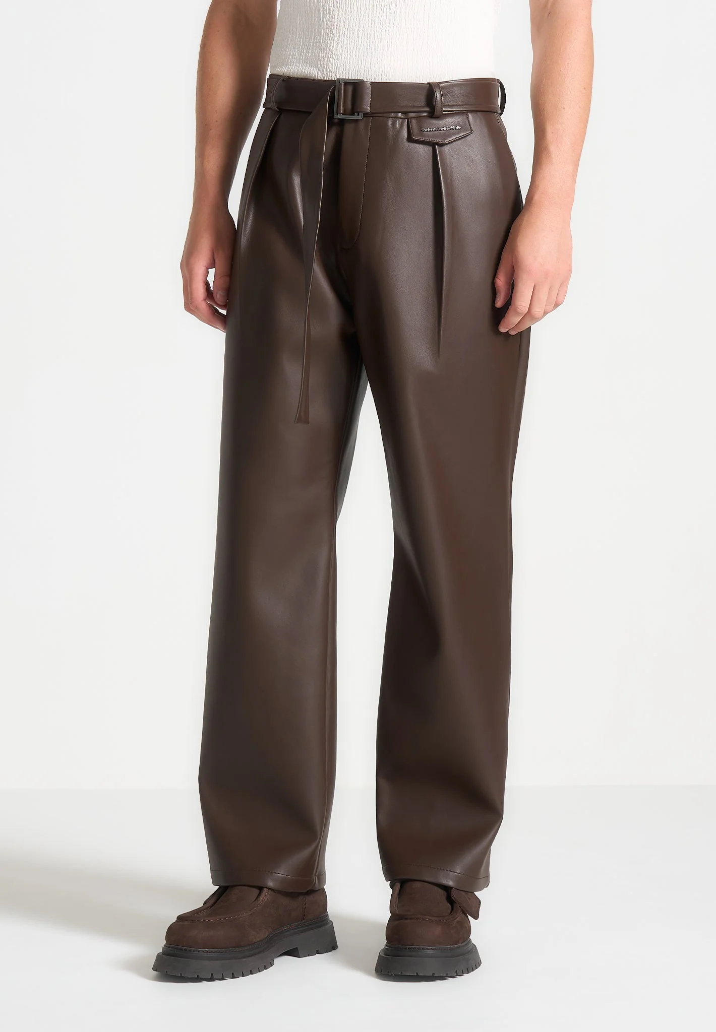 Serge - Relaxed Fit Leather Pleated Trousers - Brown