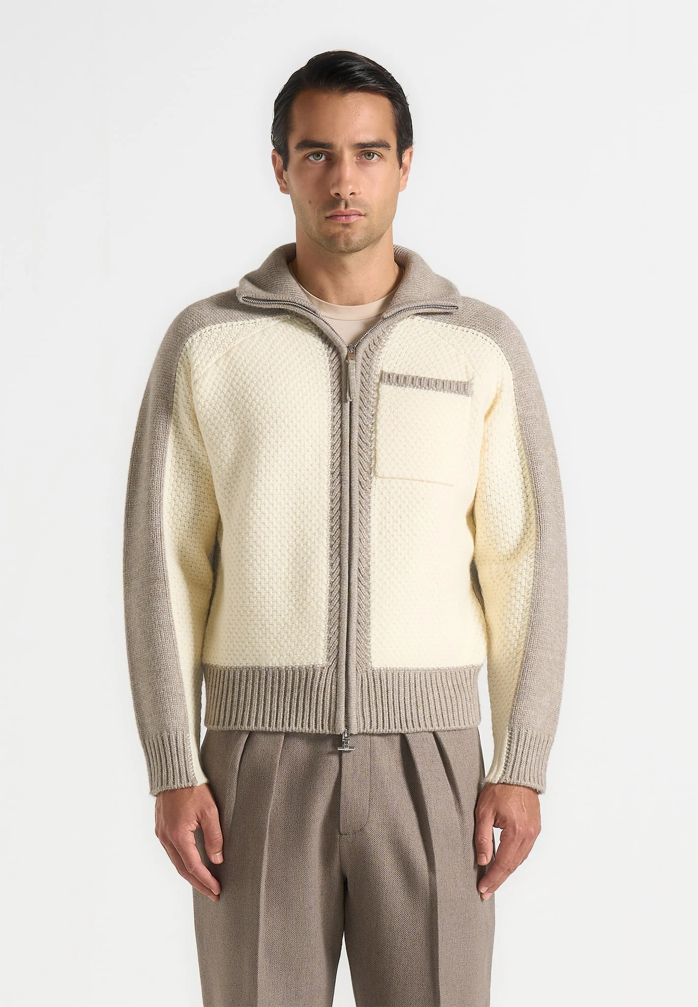 Rene - Colour Block Zip Through Cardigan - Cream/Beige - Image 3