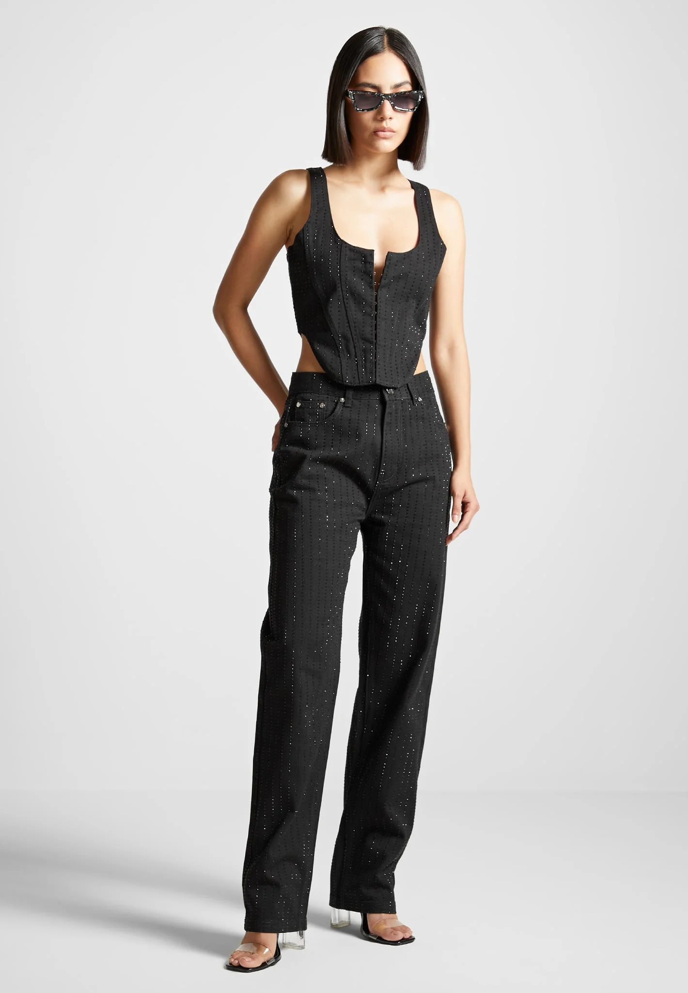 Rhinestone Denim Corset - Black - Image 2