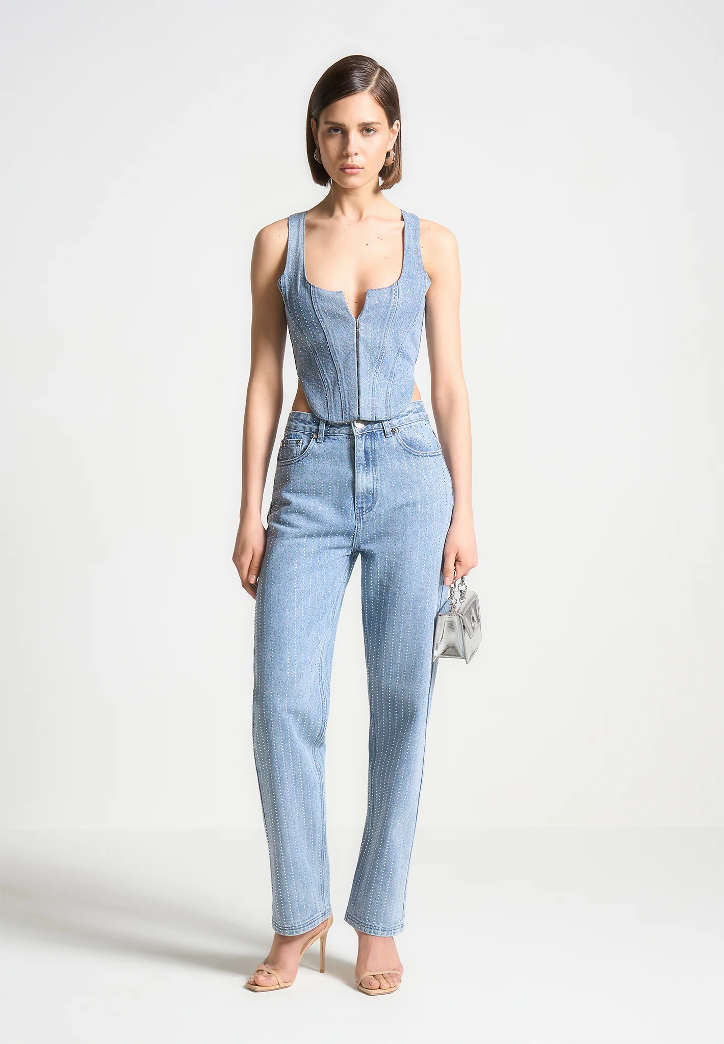Rhinestone Denim Corset - Mid Blue - Image 2