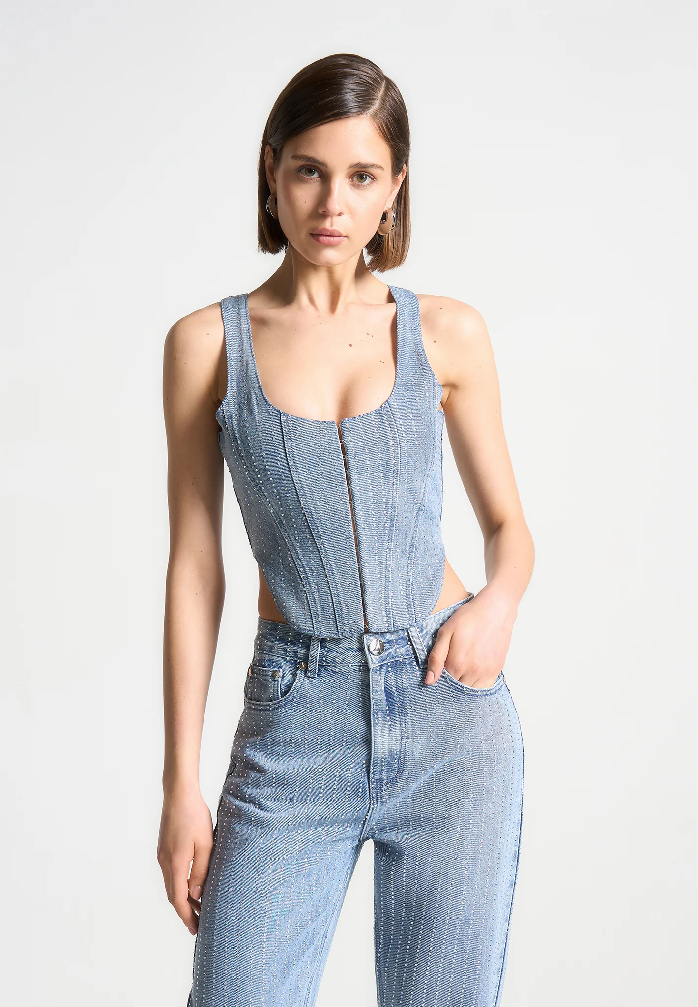 Rhinestone Denim Corset - Mid Blue - Image 3