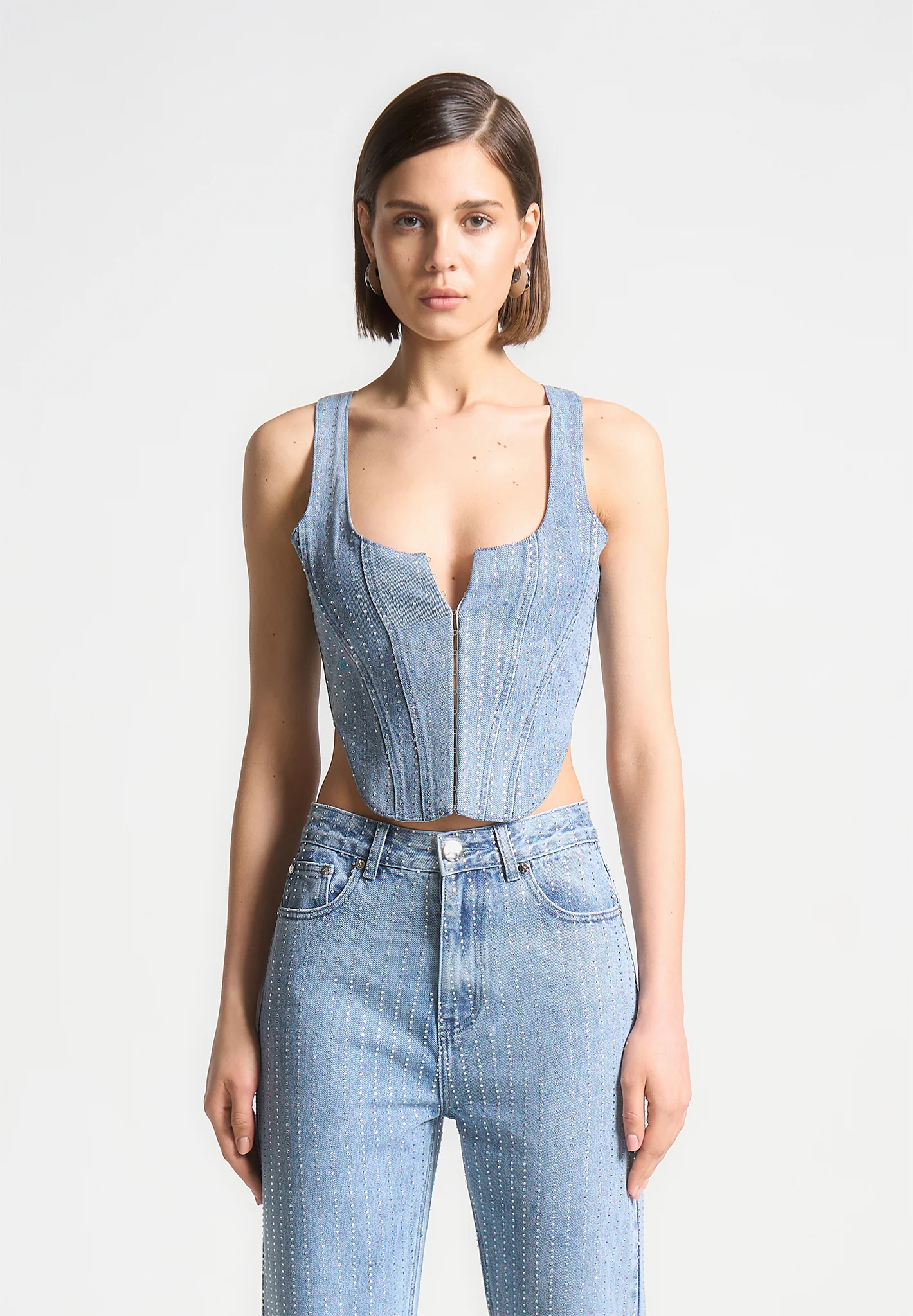 Rhinestone Denim Corset - Mid Blue - Image 5
