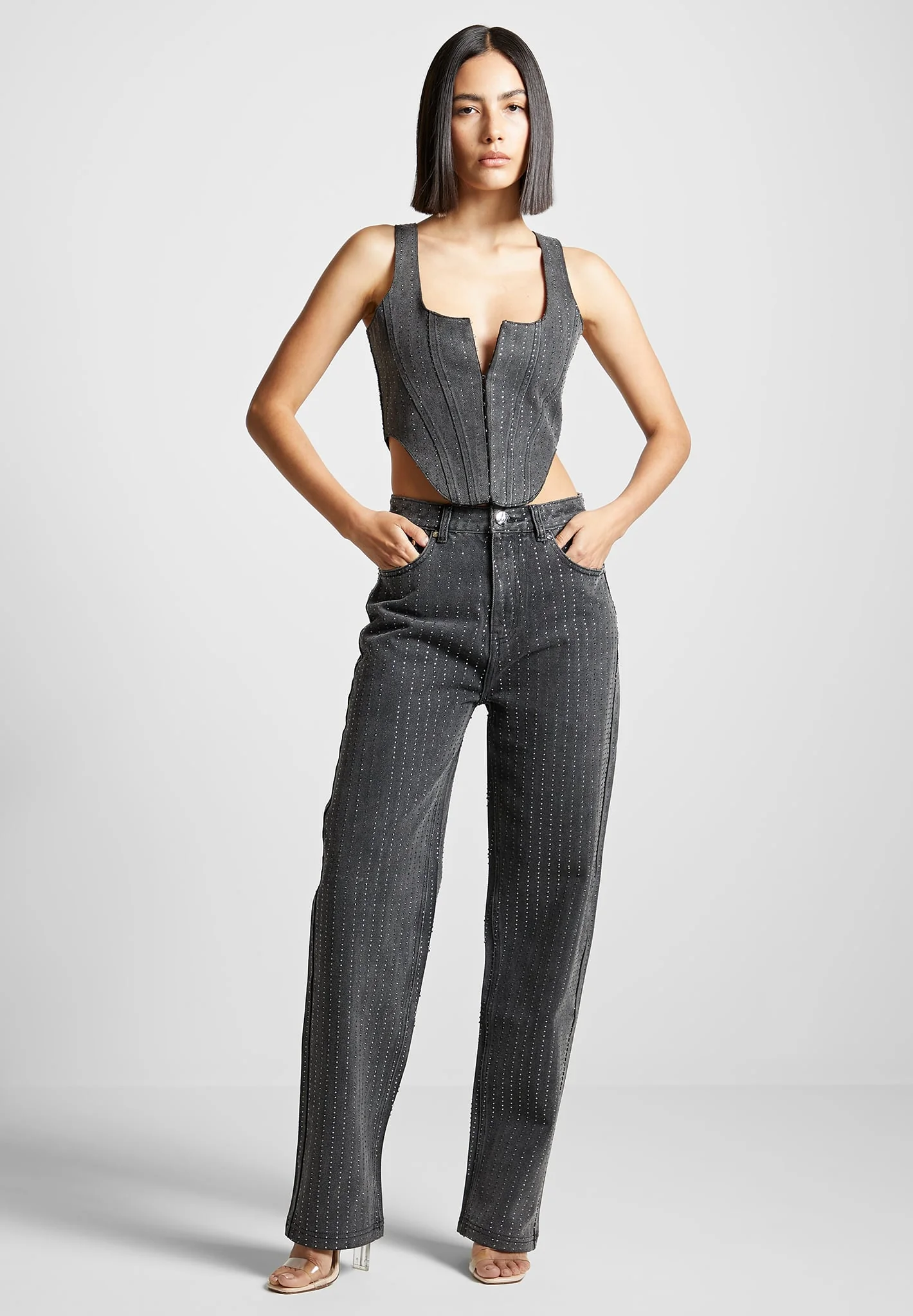 Rhinestone Denim Corset - Washed Grey - Image 3