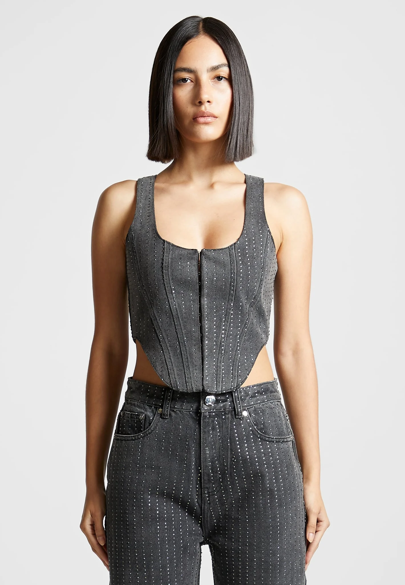 Rhinestone Denim Corset - Washed Grey - Image 4