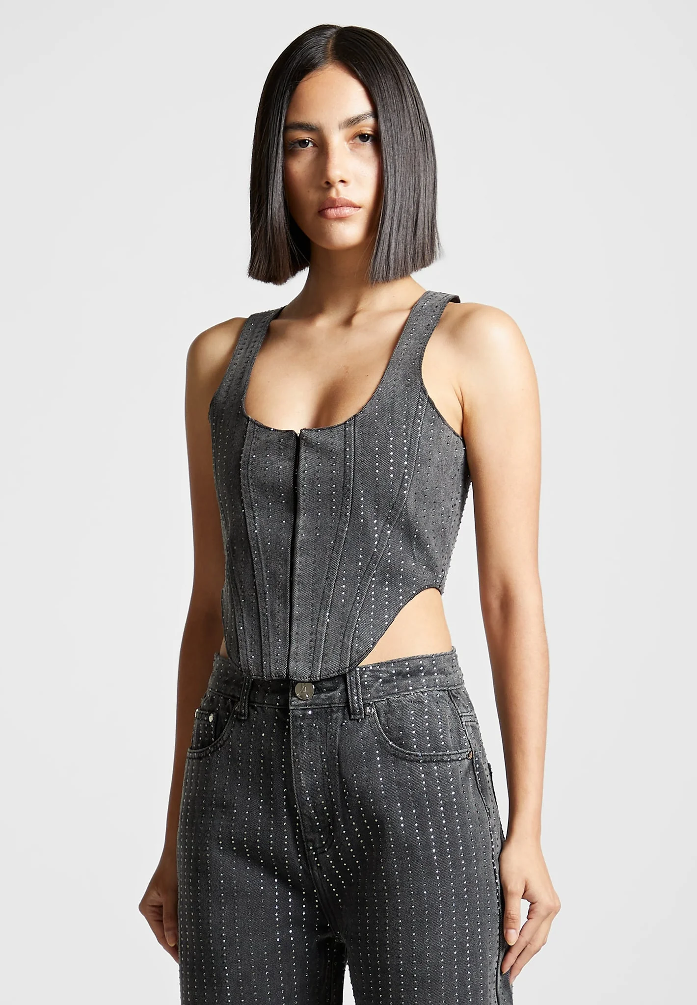 Rhinestone Denim Corset - Washed Grey - Image 5