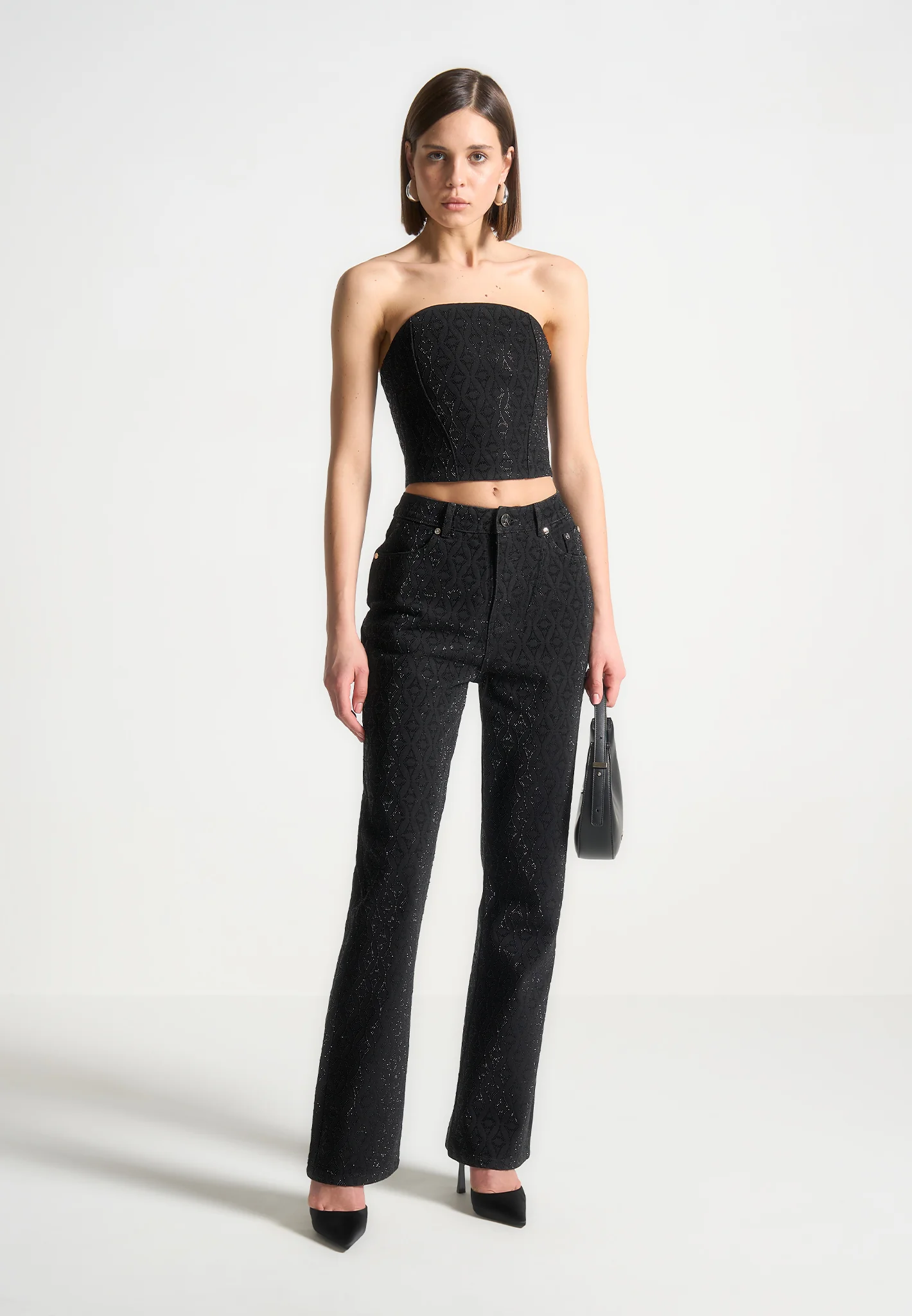 Rhinestone Eiffel Denim Bandeau Corset Top - Black - Image 2