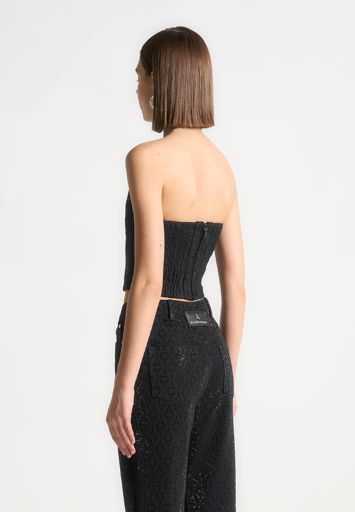 Rhinestone Eiffel Denim Bandeau Corset Top - Black - Image 3