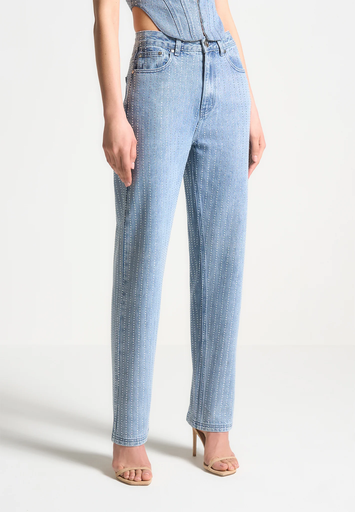 Rhinestone Mom Jeans - Mid Blue