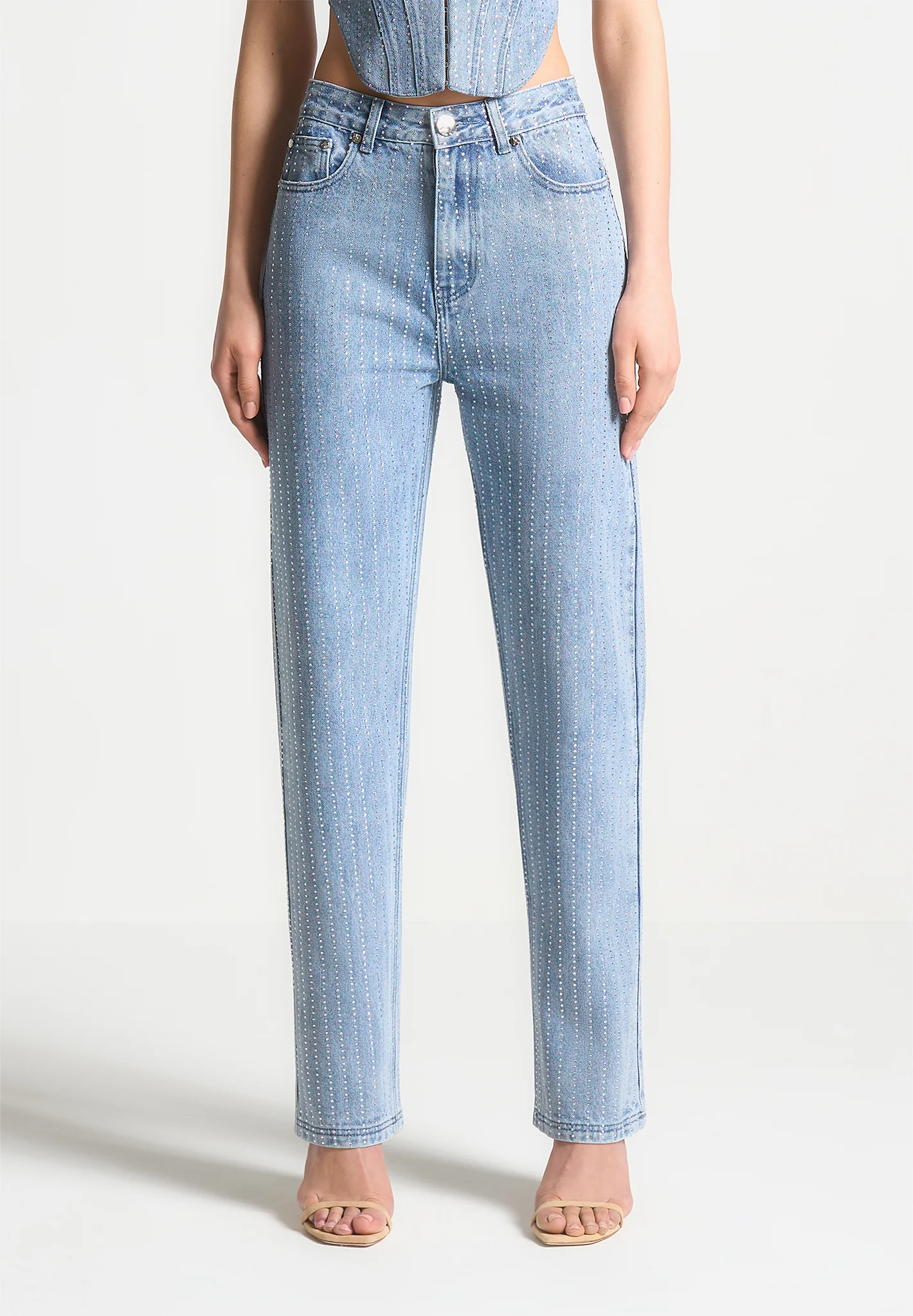 Rhinestone Mom Jeans - Mid Blue - Image 4