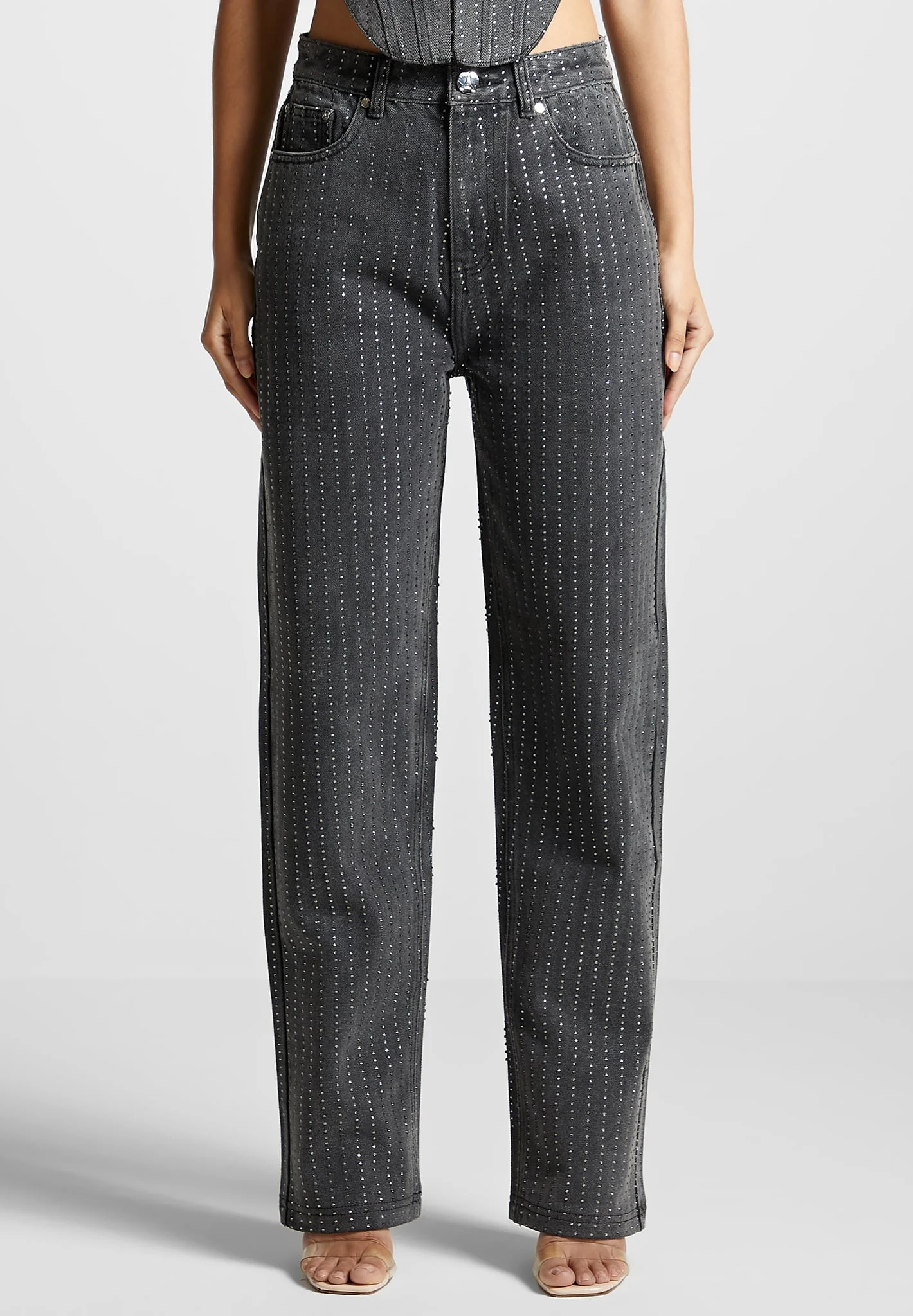 Rhinestone Mom Jeans - Washed Grey