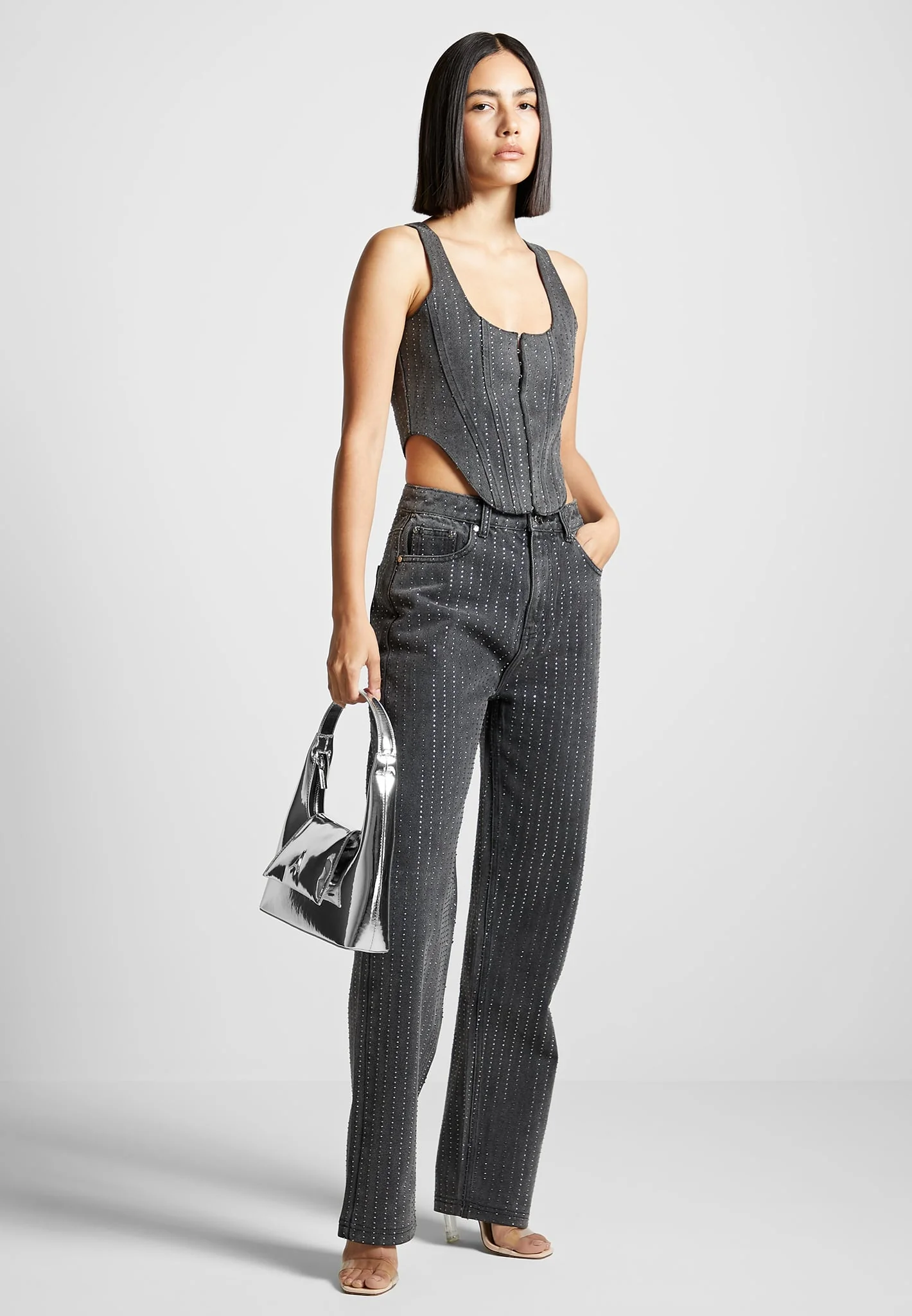 Rhinestone Mom Jeans - Washed Grey - Image 2