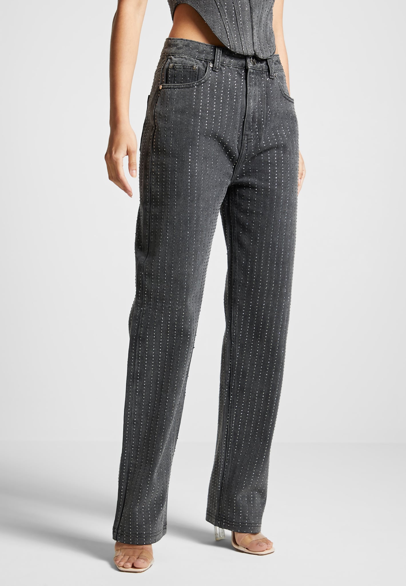 Rhinestone Mom Jeans - Washed Grey - Image 3