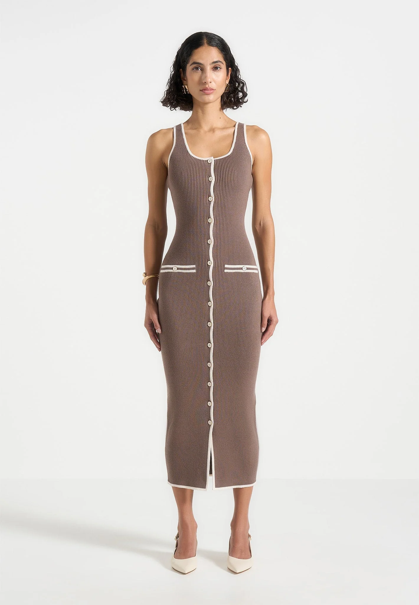 Daphne - Rib Knit Contrast Midaxi Dress - Brown/Cream - Image 5