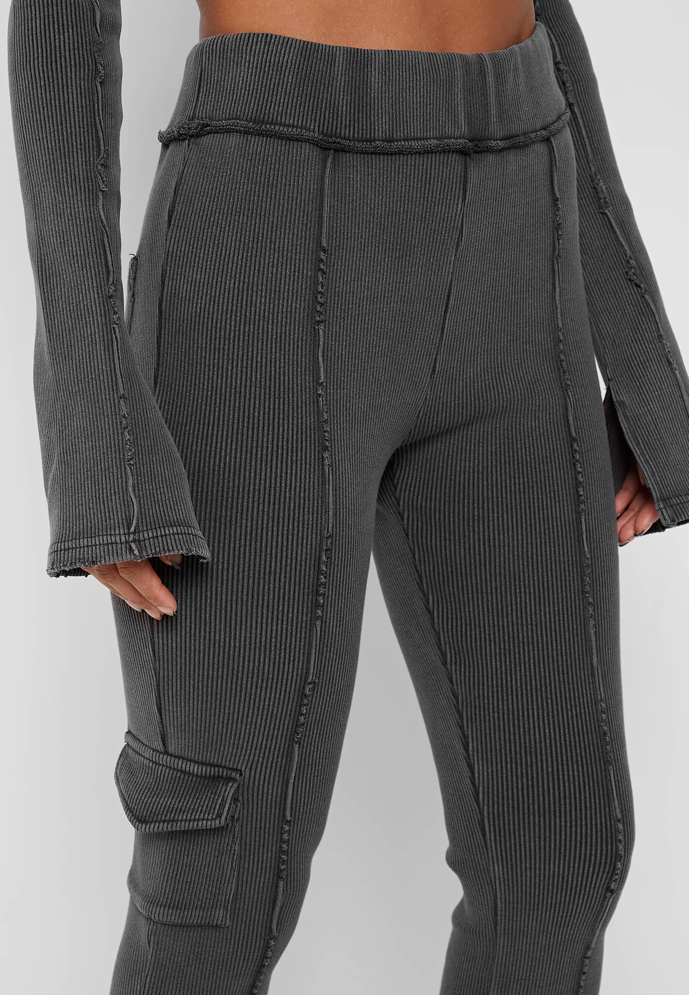 Ribbed Flared Leggings - Washed Grey - Image 5