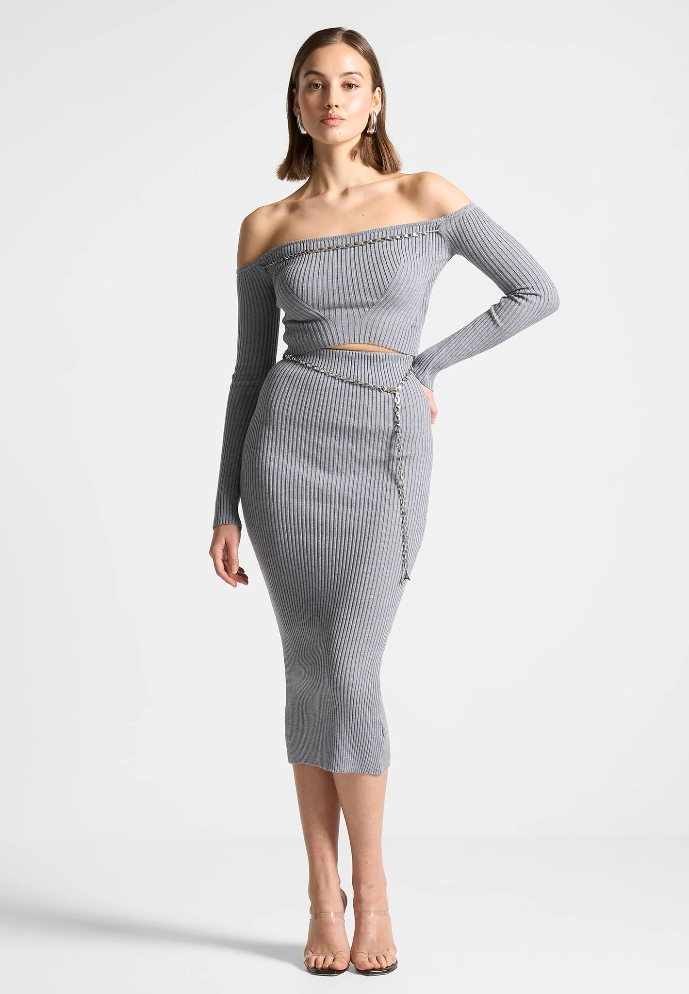 Ribbed Knit Bardot Crop Top with Chain - Grey - Image 2