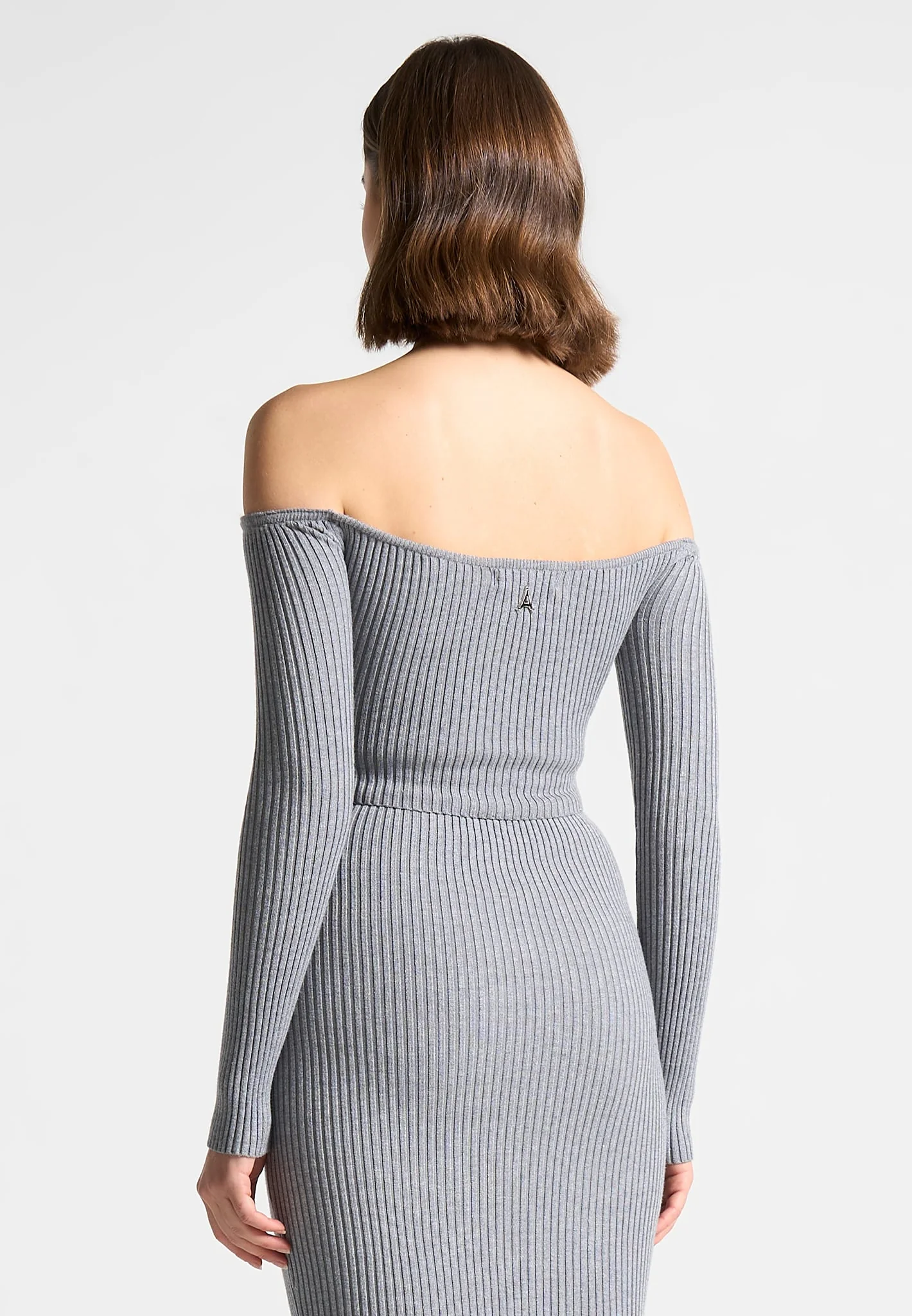Ribbed Knit Bardot Crop Top with Chain - Grey - Image 4