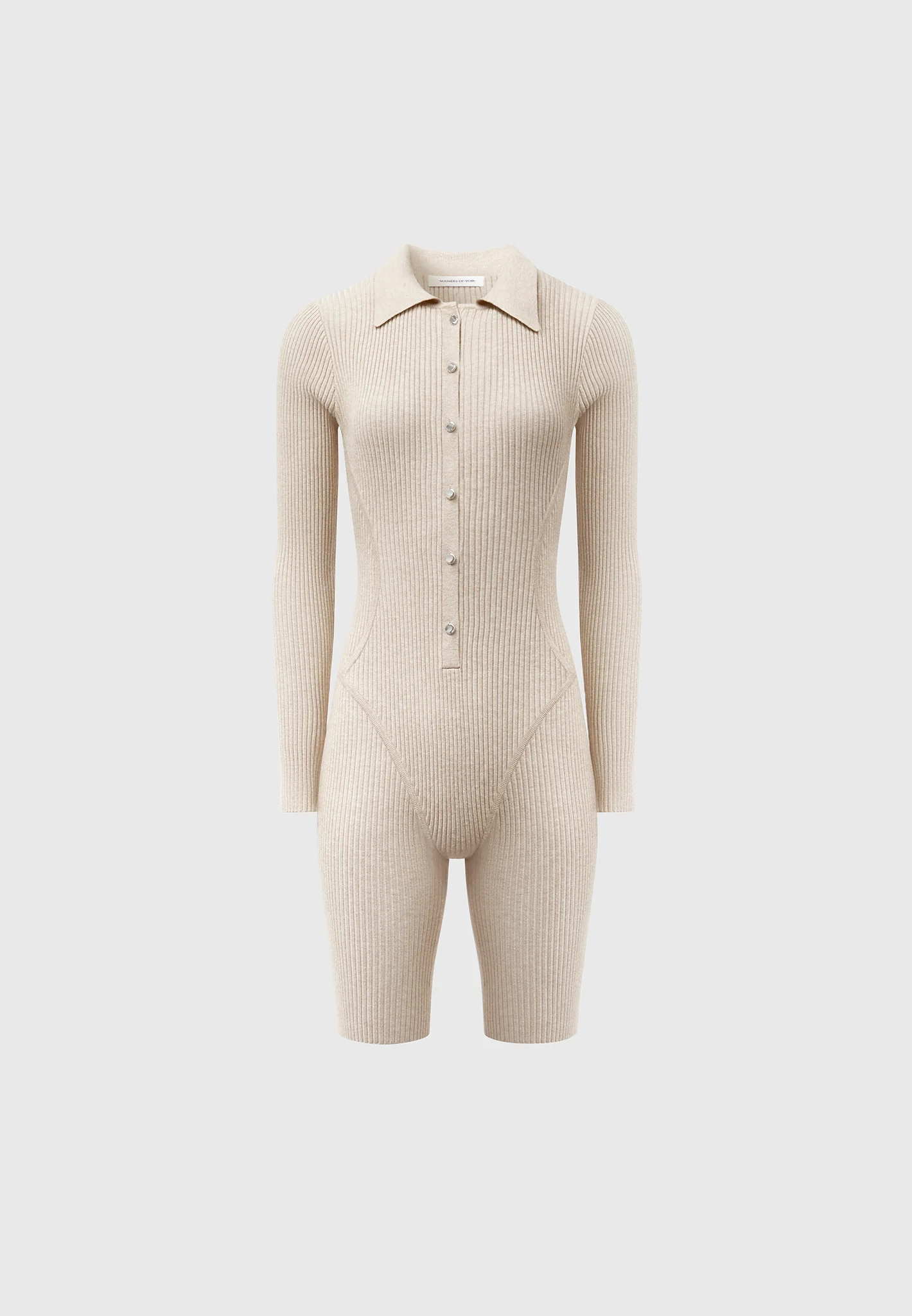 Ribbed Knit Long Sleeve Playsuit - Beige - Image 2